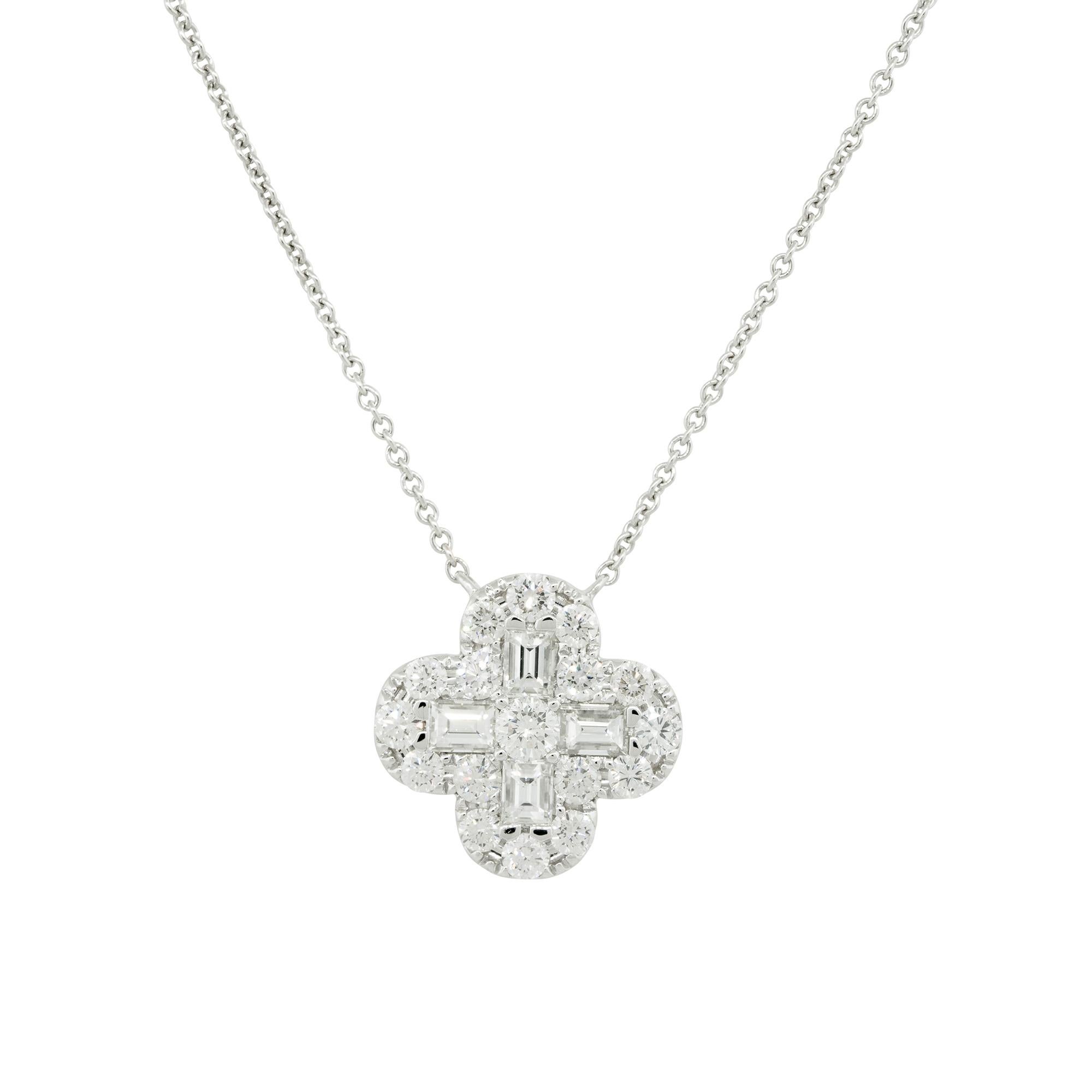 18k White Gold 2.0ctw Mosaic Diamond Clover Necklace
Material: 18k White Gold
Diamond Details: Approximately 2.0ctw of Round Brilliant and Baguette cut Diamonds. There are 21 stones total; 4 Baguette Cut Diamonds and 17 Round Brilliant