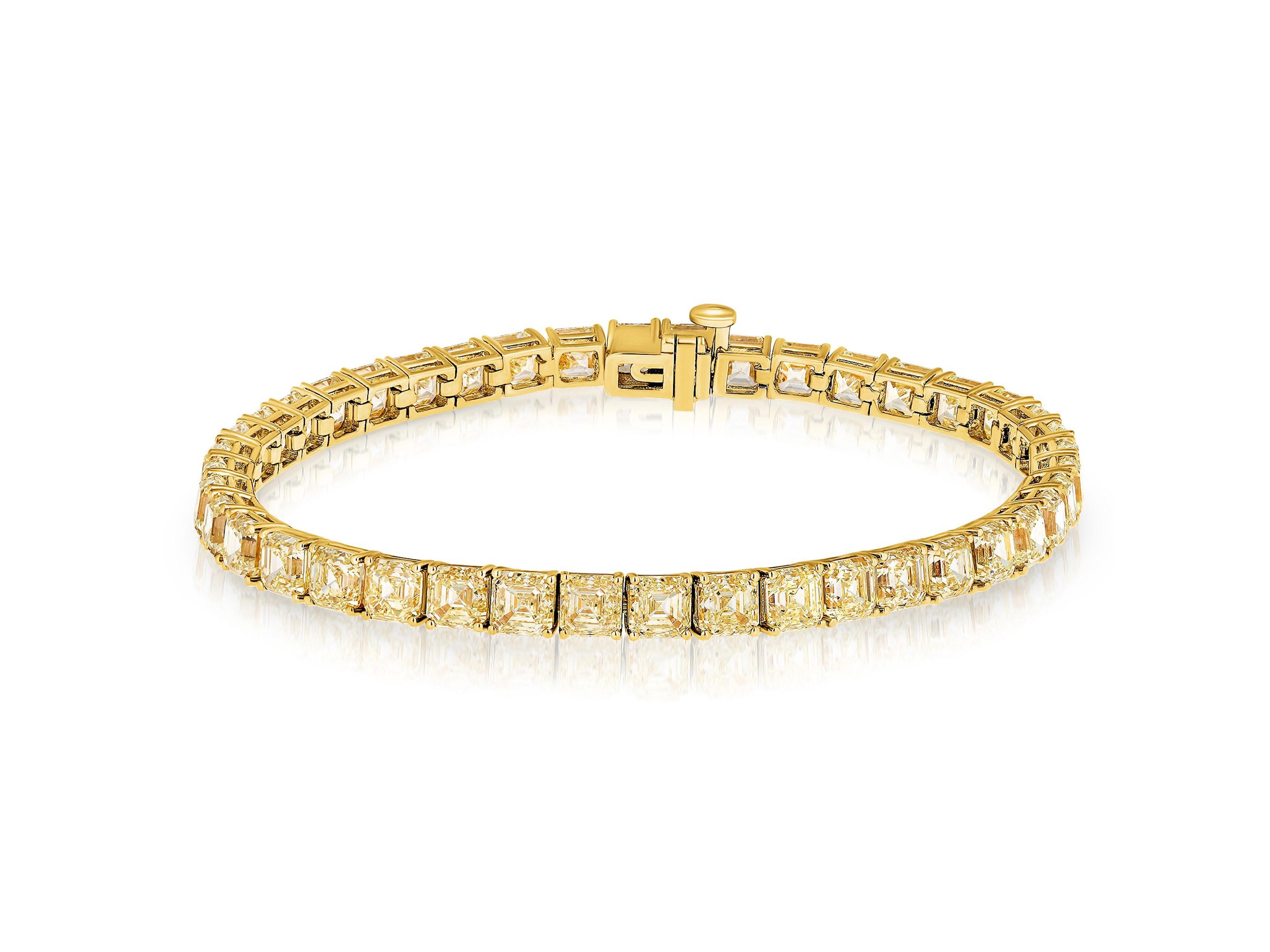 Bracelet tennis en or jaune 18 carats et diamants naturels taille Asscher de 20 carats. Neuf - En vente à New York, NY