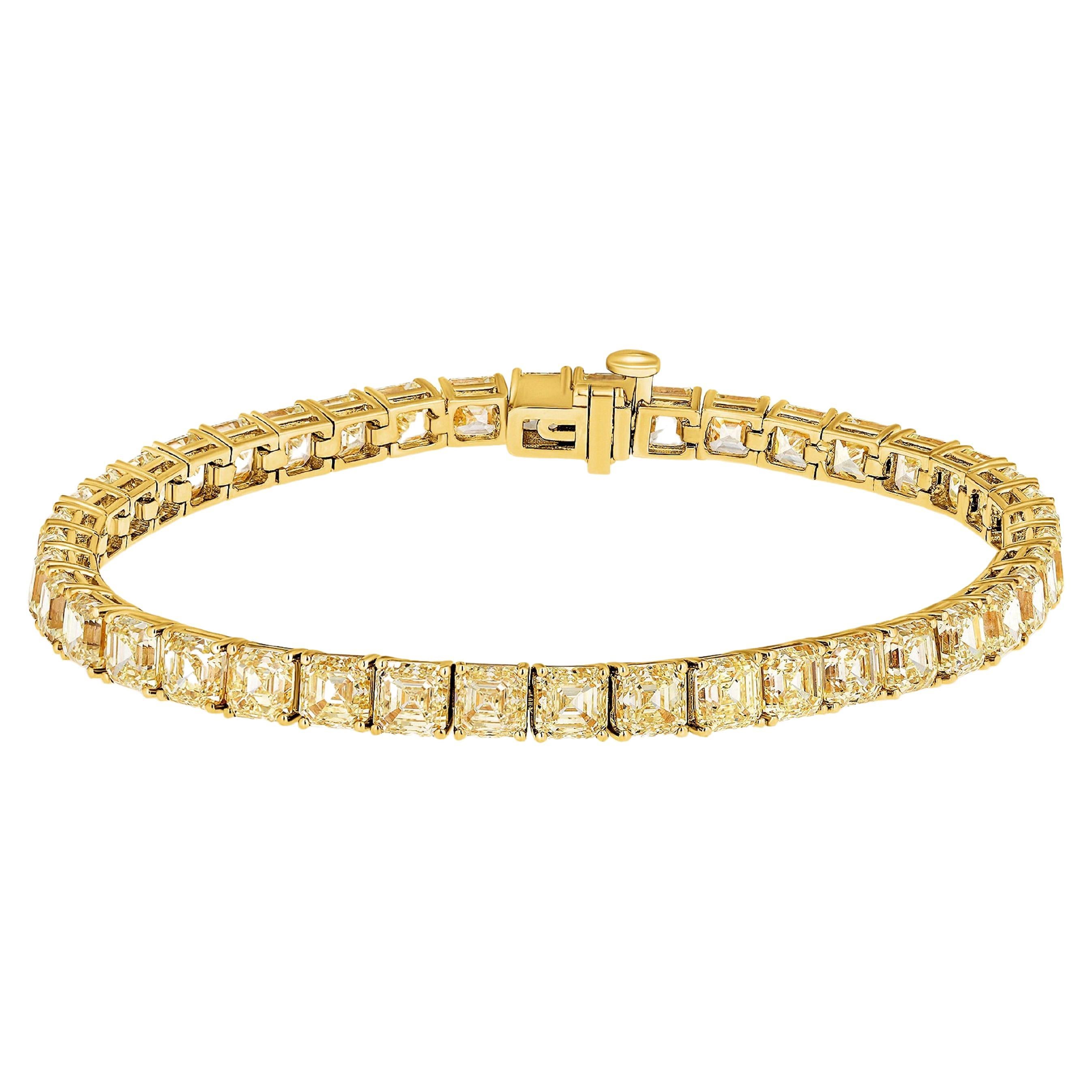 20 Carat Natural Asscher Cut Yellow Diamond Tennis Bracelet, 18K Yellow Gold.