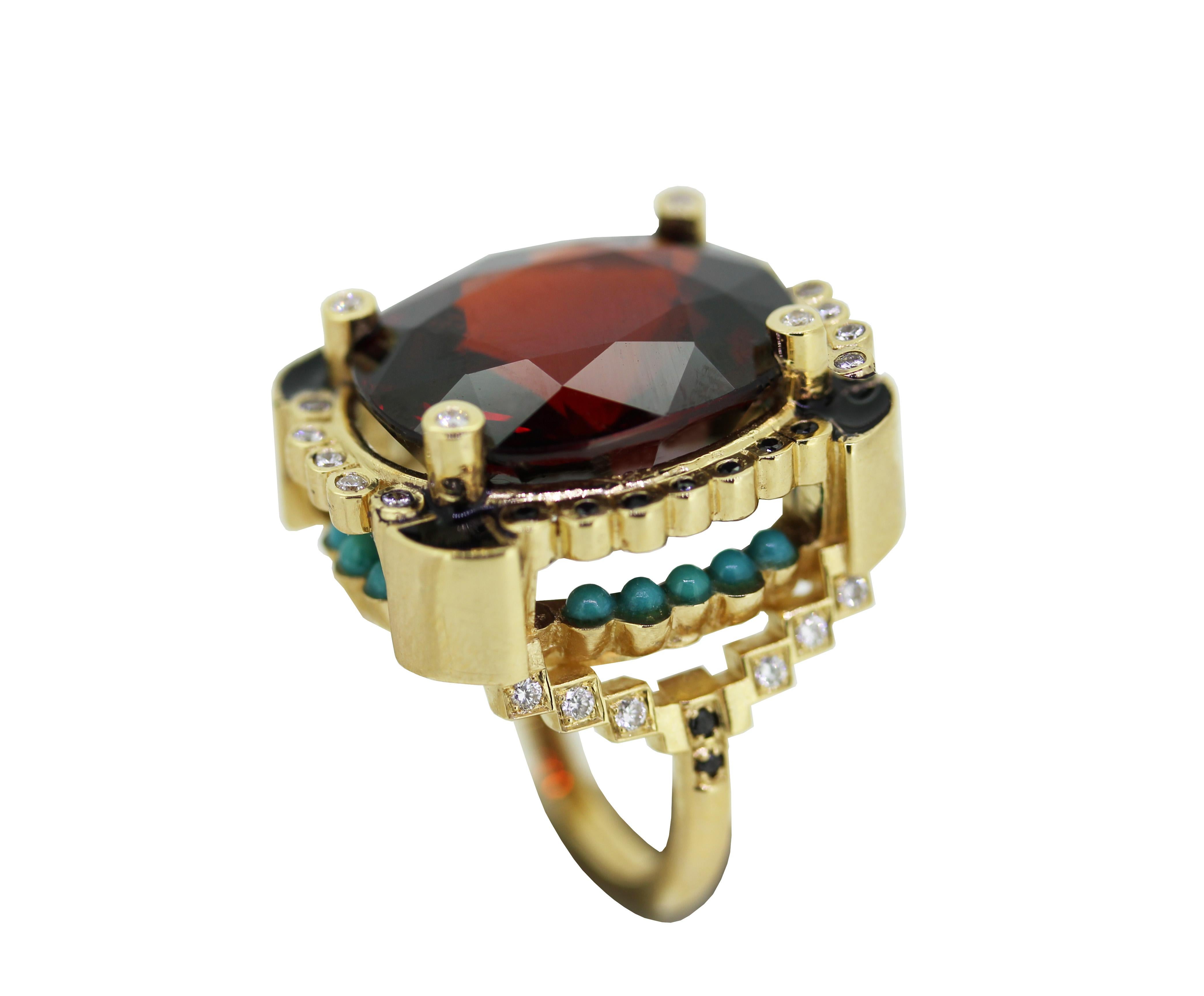 This modern handmade British-London Hallmarked 18 karat yellow gold ring, set with highest quality of diamonds and 20 carat of rare vivid red color natural garnet and black enamel is from MAIKO NAGAYAMA's Haute Couture Collection called