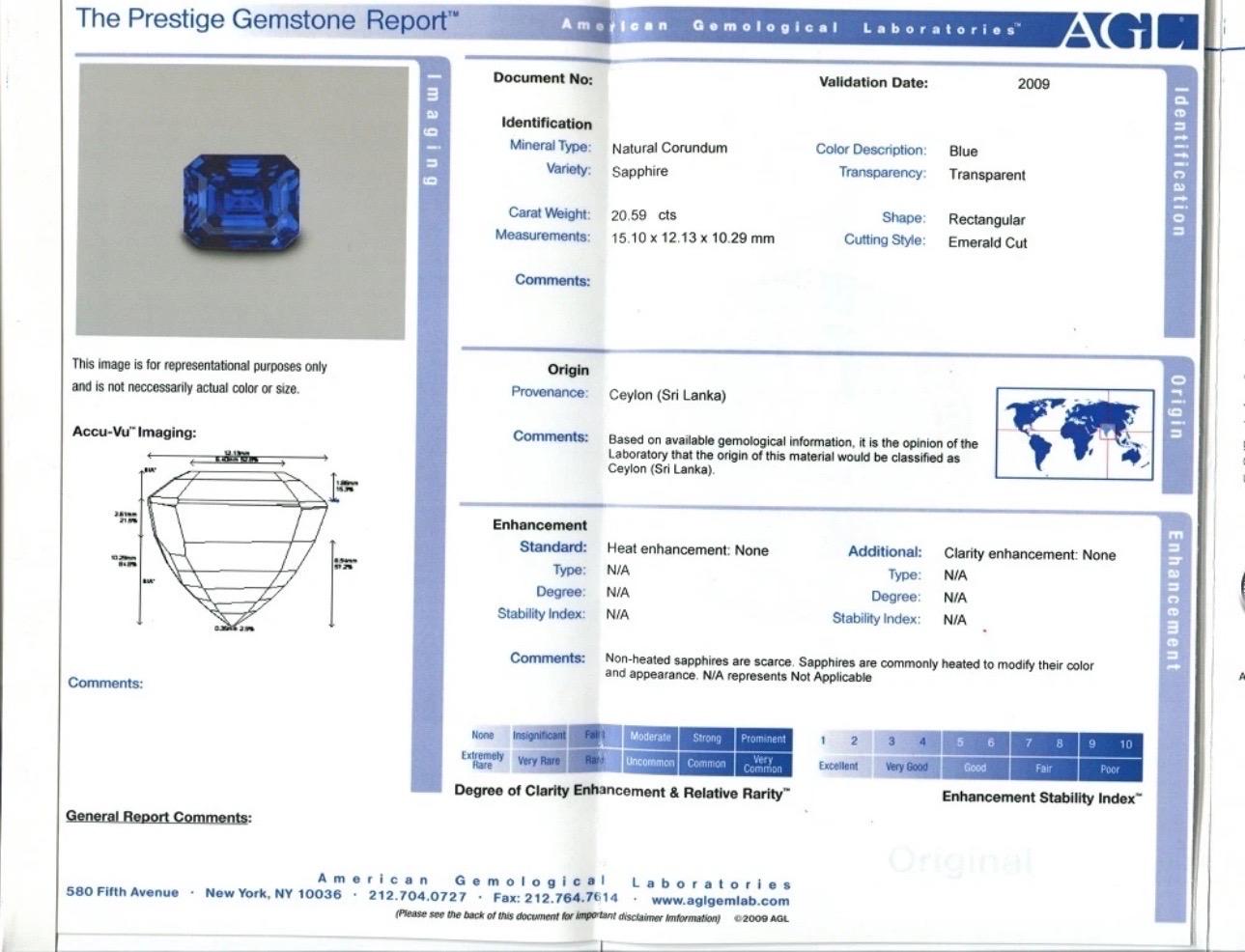 The Sapphire:

This is a one of a kind 20.59 Carat Natural Untreated Ceylon Sapphire. 

It exhibits a rare full color change from a magnificent deep blue to a Vivid Violet purple.

The stone itself is very crystal and not somewhat opaque like many