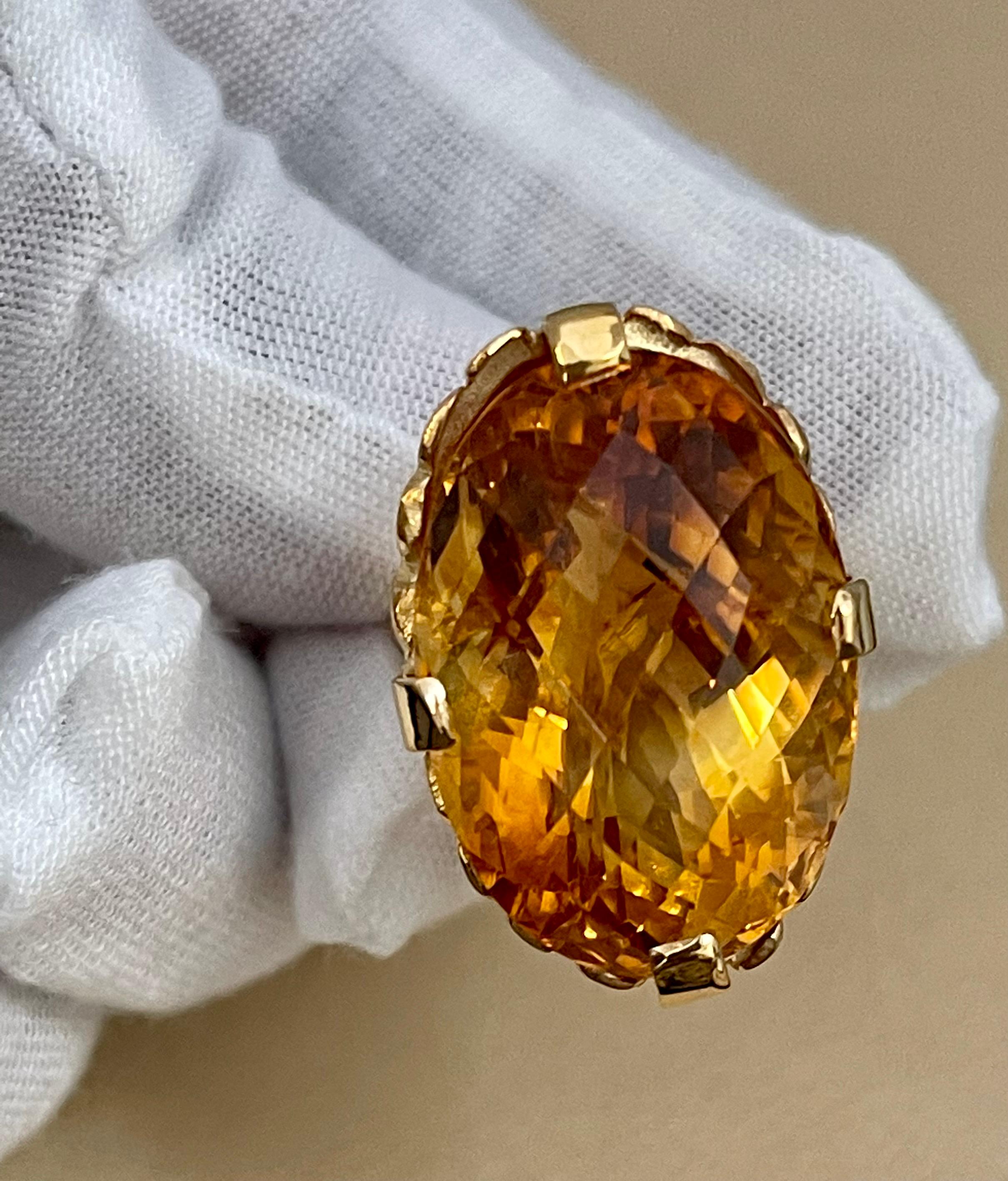 20 Carat Natural Oval Citrine Cocktail Ring in 14 Karat Yellow Gold, Estate For Sale 6