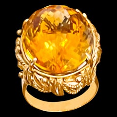 20 Carat Natural Oval Citrine Cocktail Ring in 14 Karat Yellow Gold, Estate