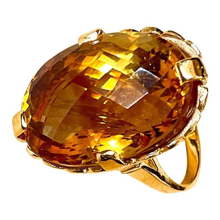 20 Carat Natural Oval Citrine Cocktail Ring in 14 Karat Yellow Gold, Estate For Sale