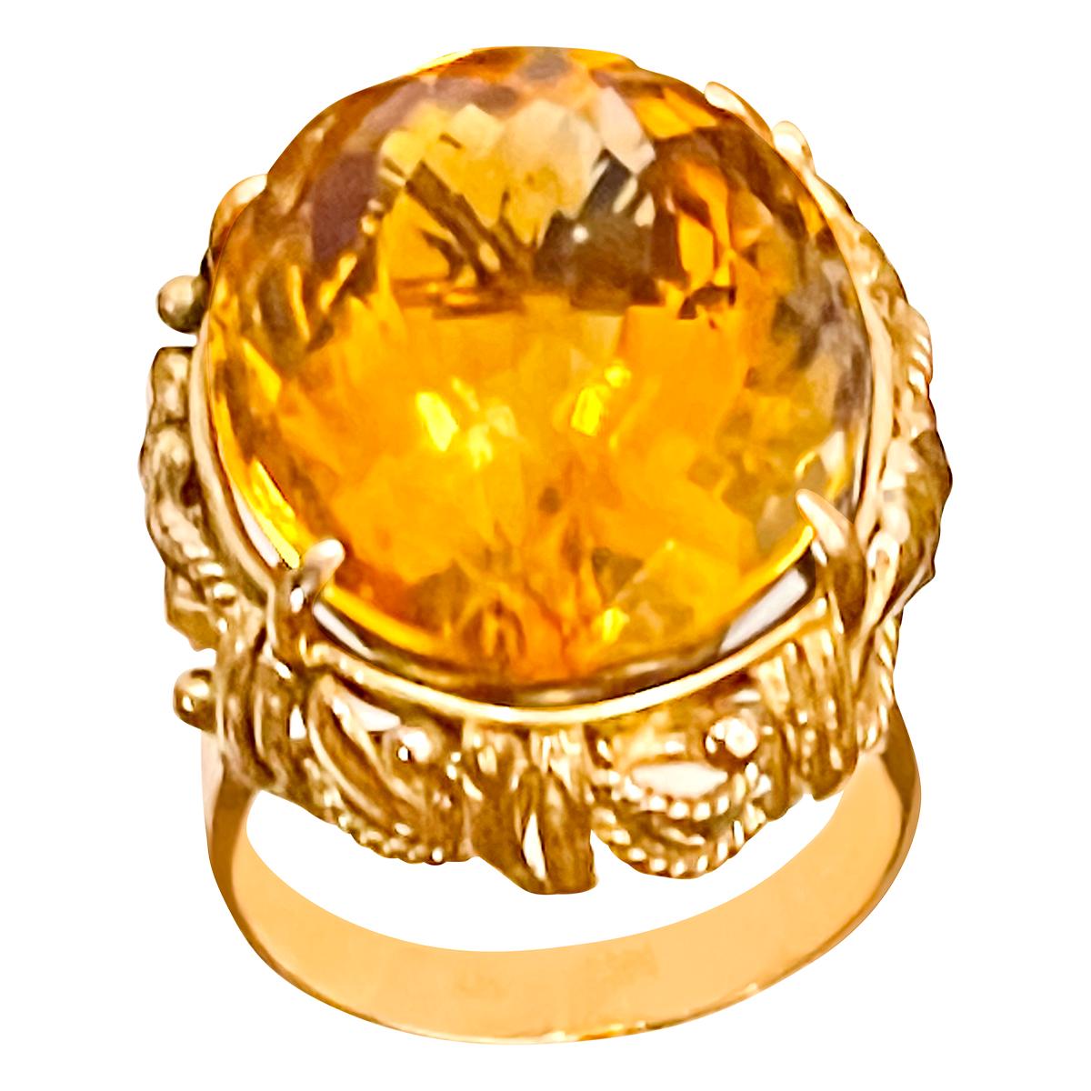 20 Carat Natural Oval Citrine Cocktail Ring in 14 Karat Yellow Gold, Estate For Sale