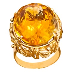 Bague cocktail en or jaune 14 carats avec citrine ovale naturelle de 20 carats, ancienne propriété