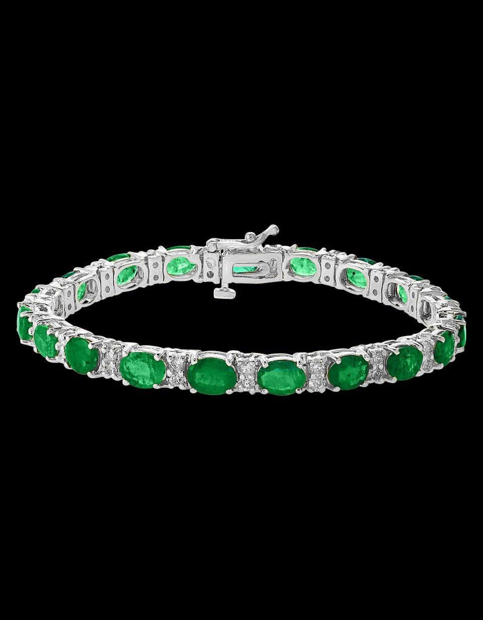 Oval Cut 20 Carat Natural Zambian Emerald & 1.6 Ct Diamond Tennis Bracelet 14 Karat Gold