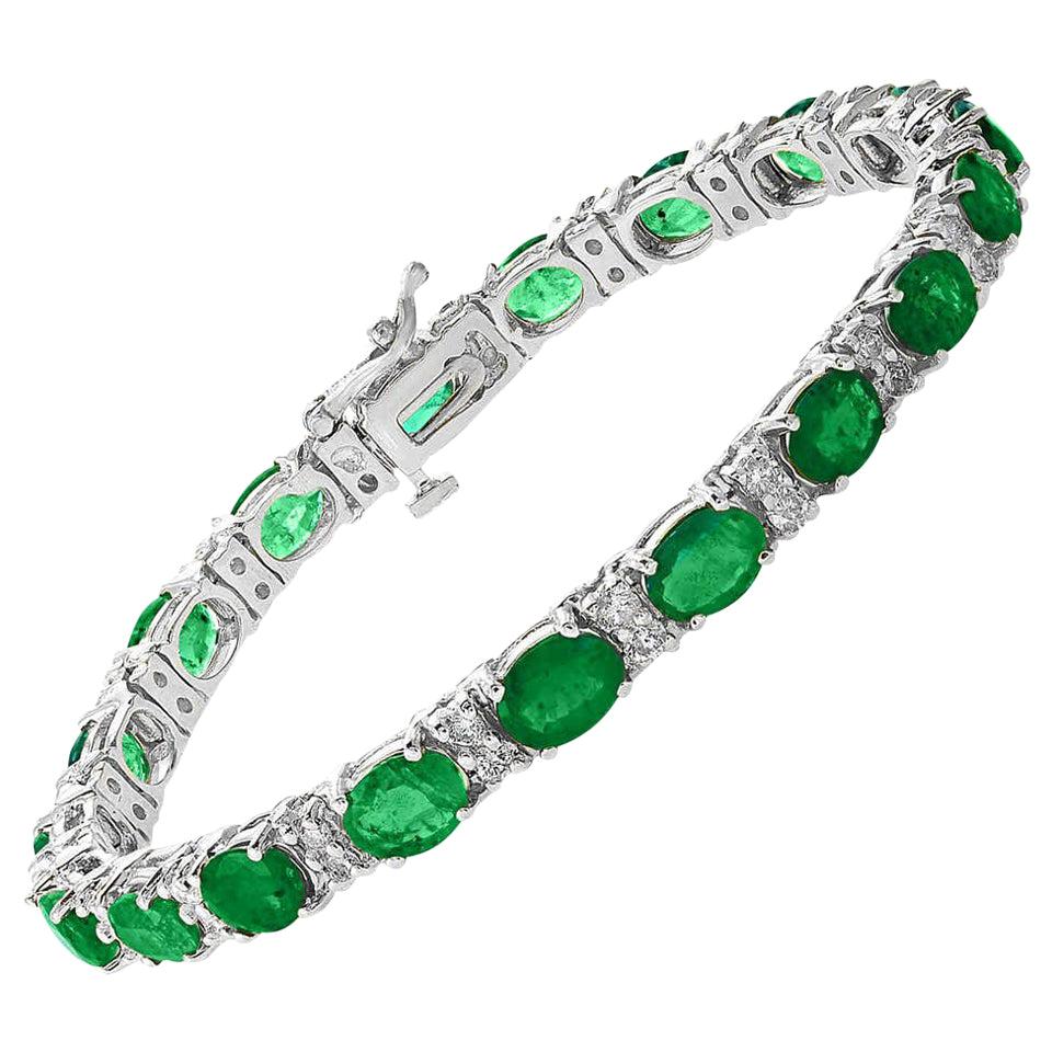 20 Carat Natural Zambian Emerald & 1.6 Ct Diamond Tennis Bracelet 14 Karat Gold