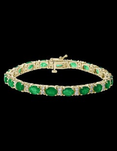 20 Carat Natural Zambian Emerald & Diamond Tennis Bracelet 14 Karat Yellow Gold