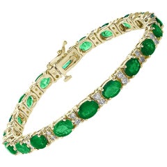 20 Carat Natural Zambian Emerald & Diamond Tennis Bracelet 14 Karat Yellow Gold