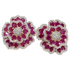 20 carat No Heat Burmese Ruby Diamond floral Stud Earrings 18k Gold