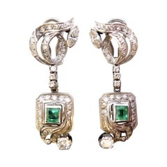 2.0 Carat Old Cut Diamond and Emerald Earrings, Drop Style for Pierced Ears