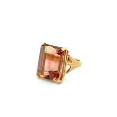 20 Carat Orangy Peach Emerald Cut Tourmaline Gold Solitaire Vintage Ring