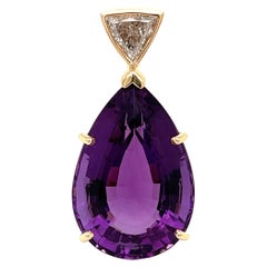 20 Carat Pear Amethyst and Trillion Diamond Gold Pendant Enhancer Necklace