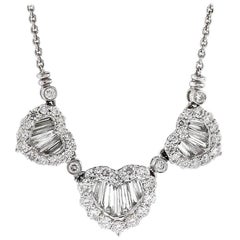 2.0 Carat Round and Baguette Diamond Three Heart Necklace