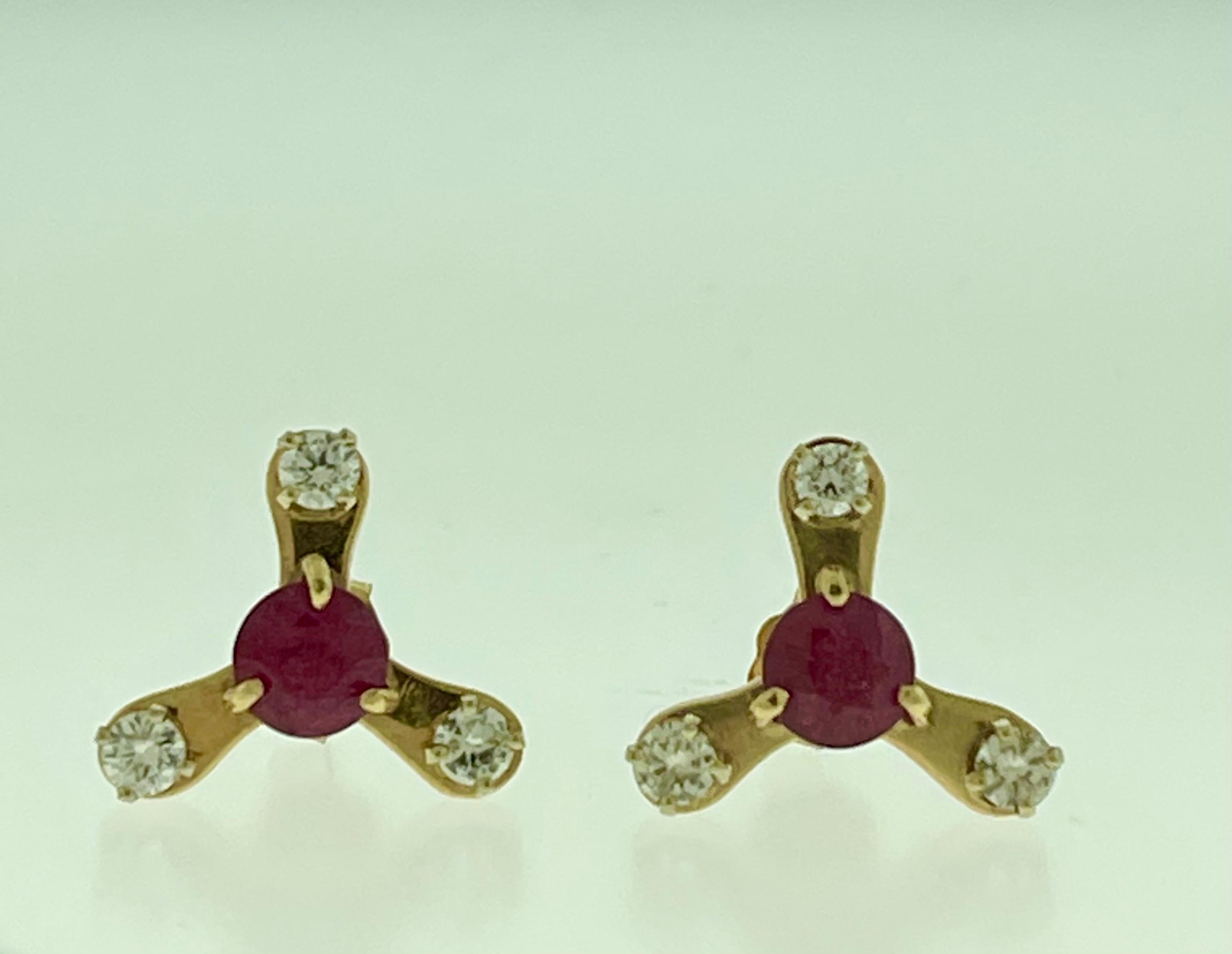 2.0 Carat Round Treated Ruby and Diamond Stud Post Earrings 14 Karat Yellow Gold For Sale 5