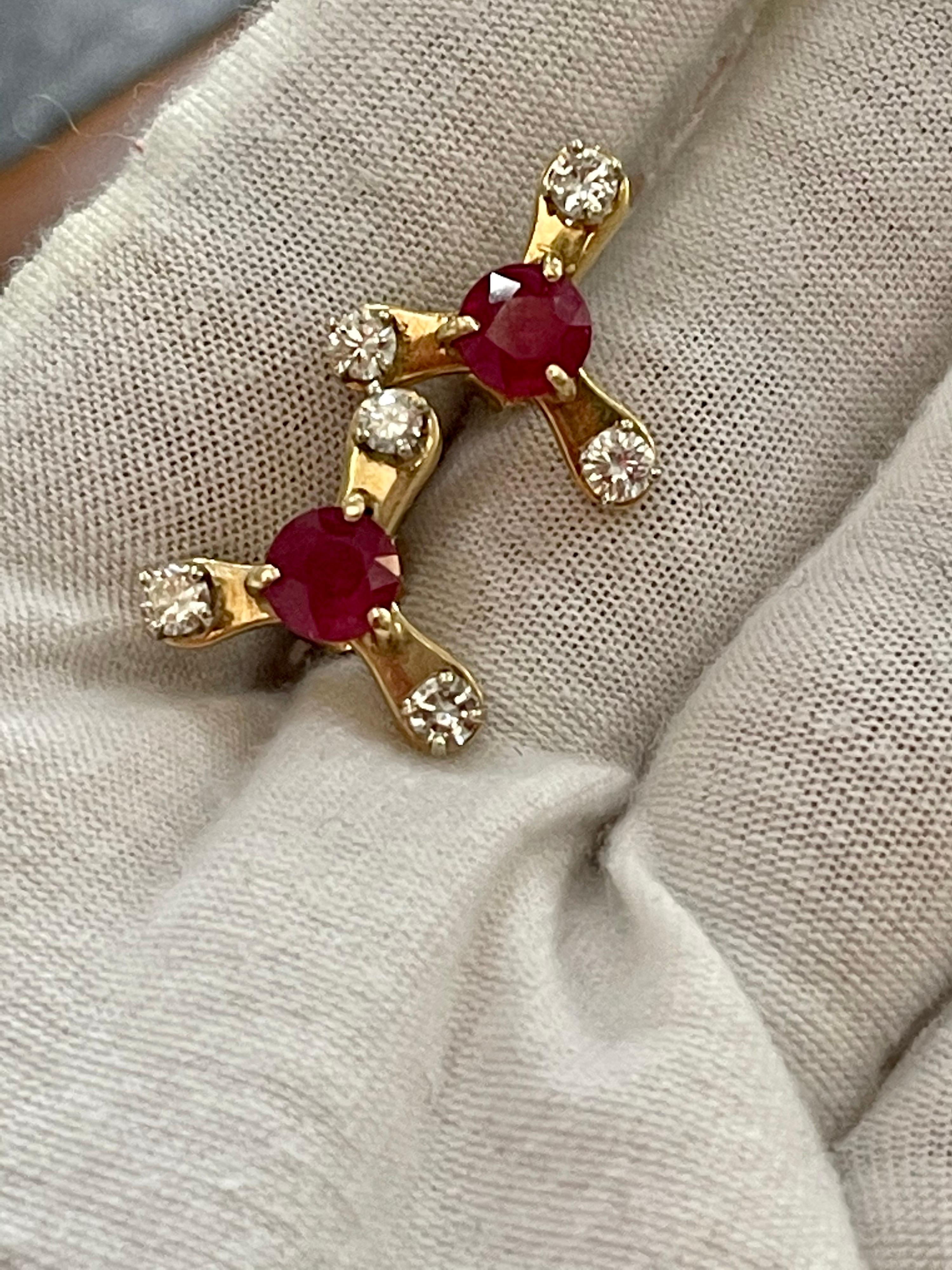 Round Cut 2.0 Carat Round Treated Ruby and Diamond Stud Post Earrings 14 Karat Yellow Gold For Sale