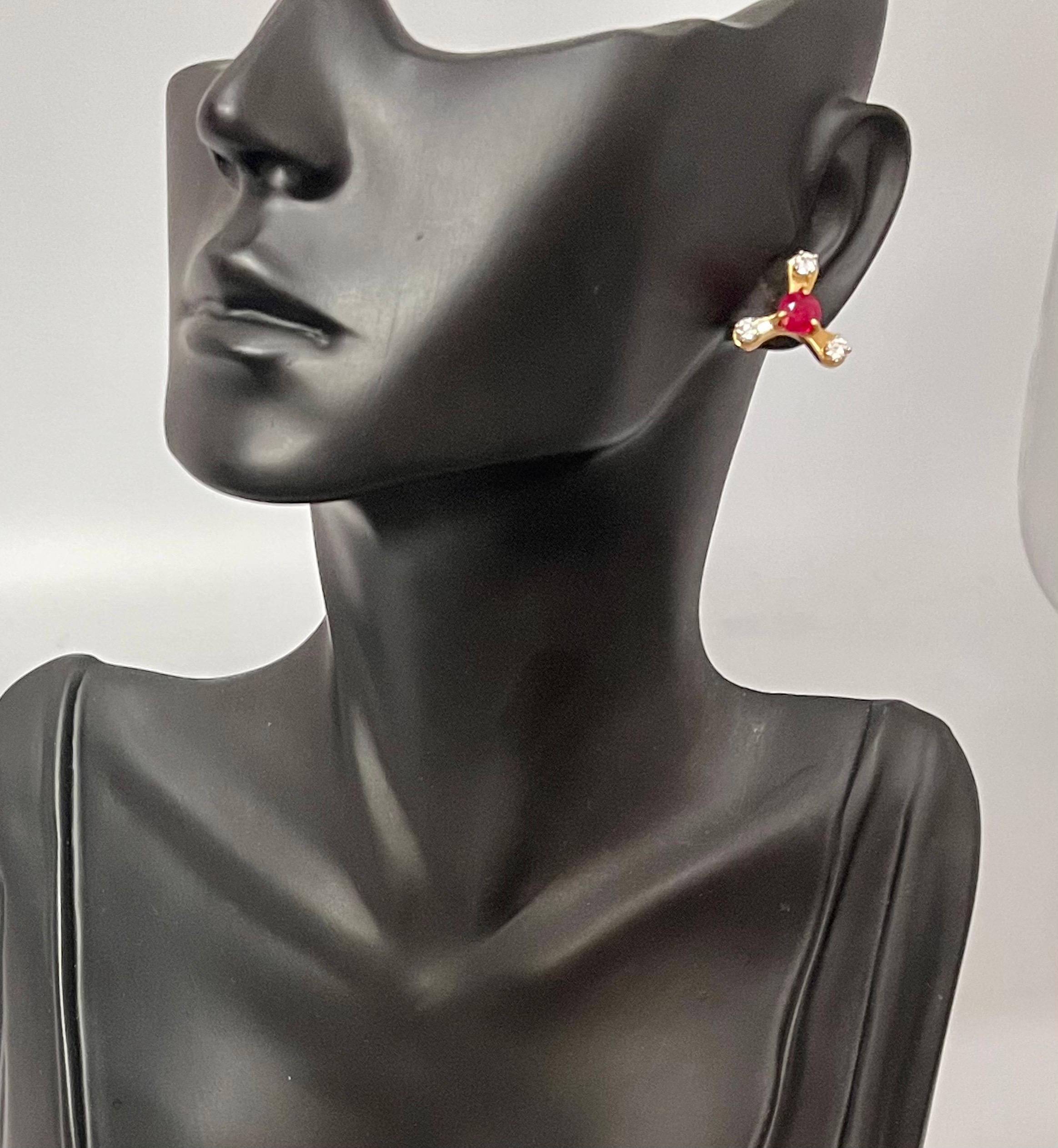 2.0 Carat Round Treated Ruby and Diamond Stud Post Earrings 14 Karat Yellow Gold In Excellent Condition For Sale In New York, NY