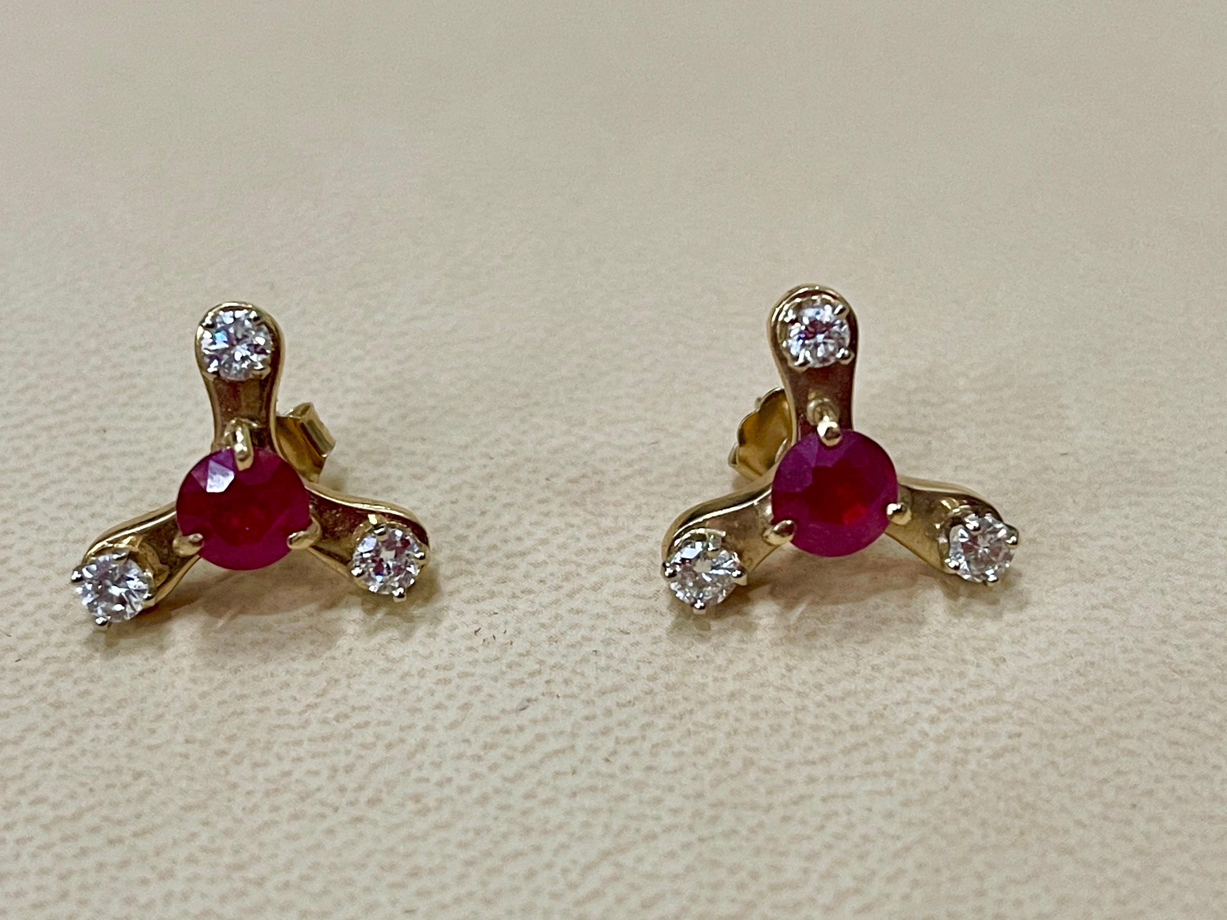 Women's 2.0 Carat Round Treated Ruby and Diamond Stud Post Earrings 14 Karat Yellow Gold For Sale