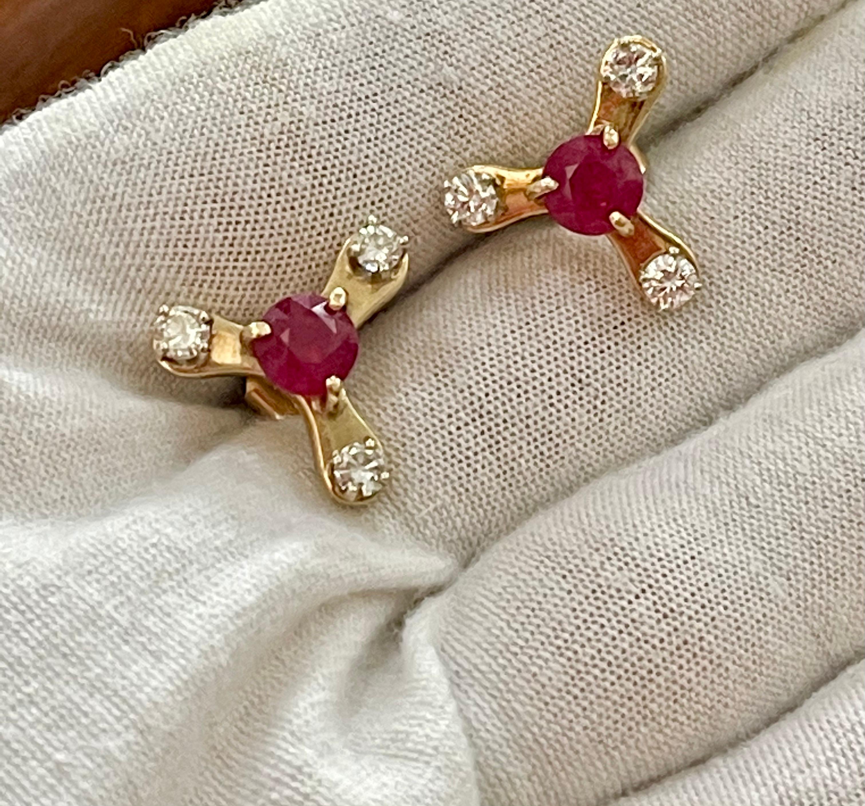 2.0 Carat Round Treated Ruby and Diamond Stud Post Earrings 14 Karat Yellow Gold For Sale 1