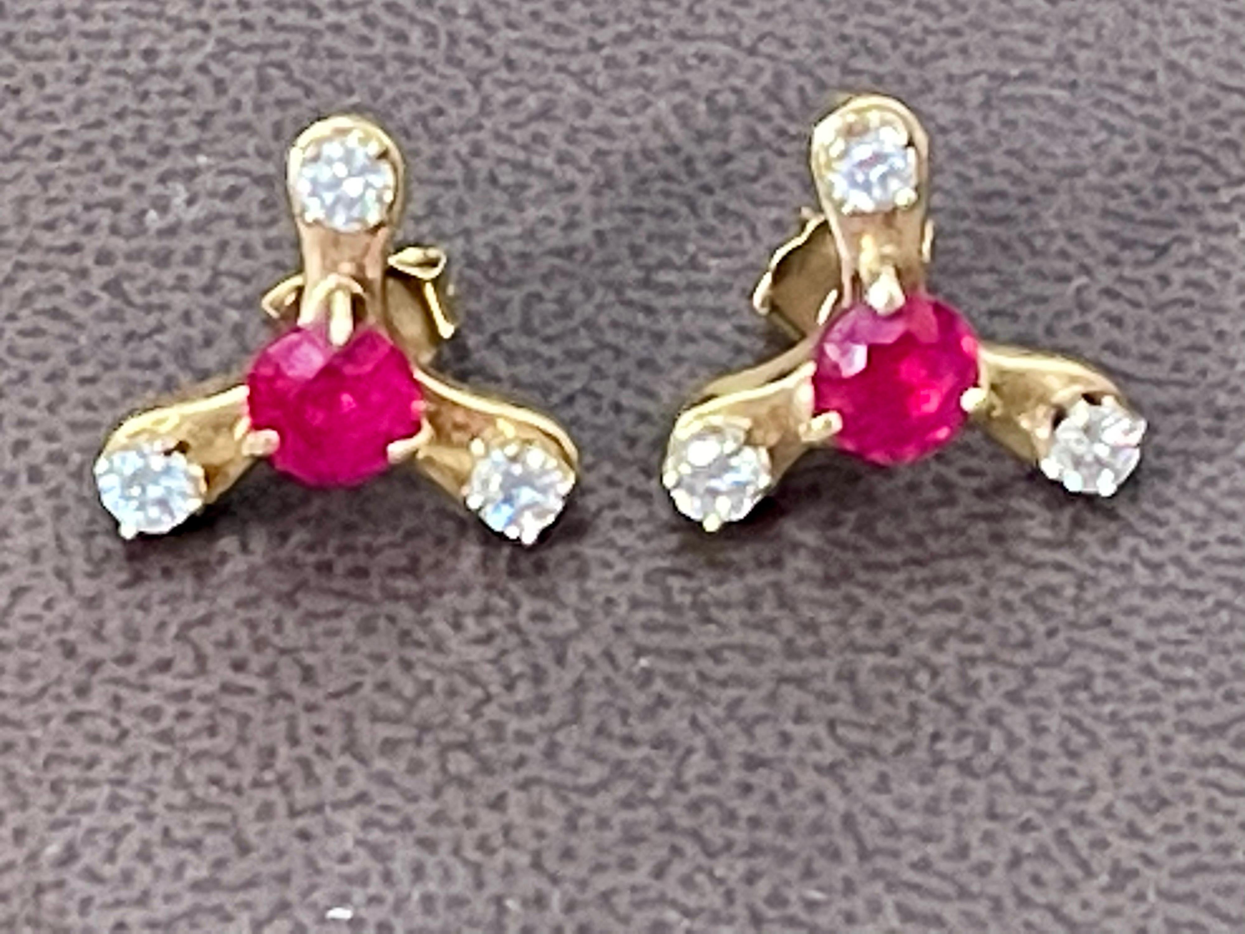 2.0 Carat Round Treated Ruby and Diamond Stud Post Earrings 14 Karat Yellow Gold For Sale 2