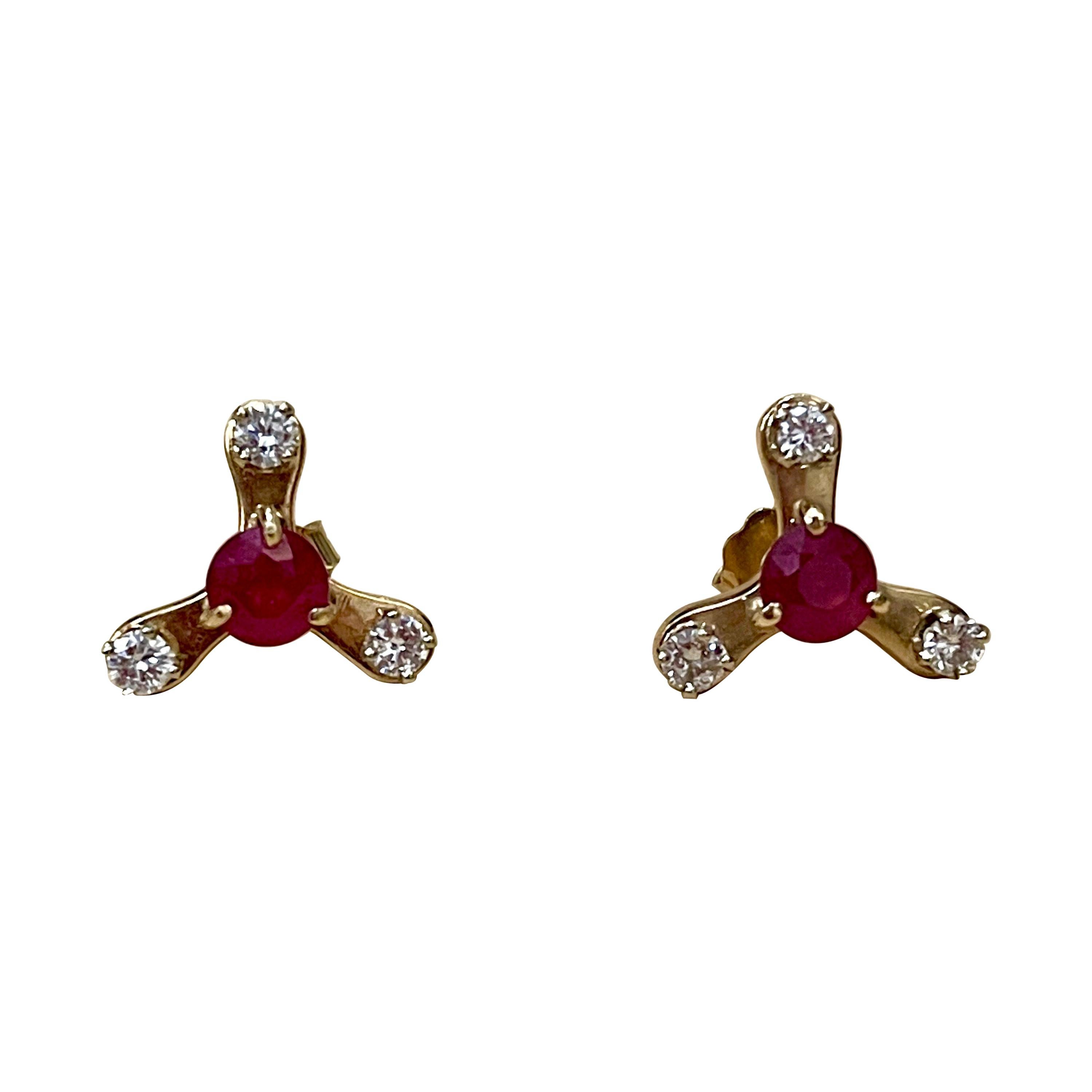 2.0 Carat Round Treated Ruby and Diamond Stud Post Earrings 14 Karat Yellow Gold For Sale