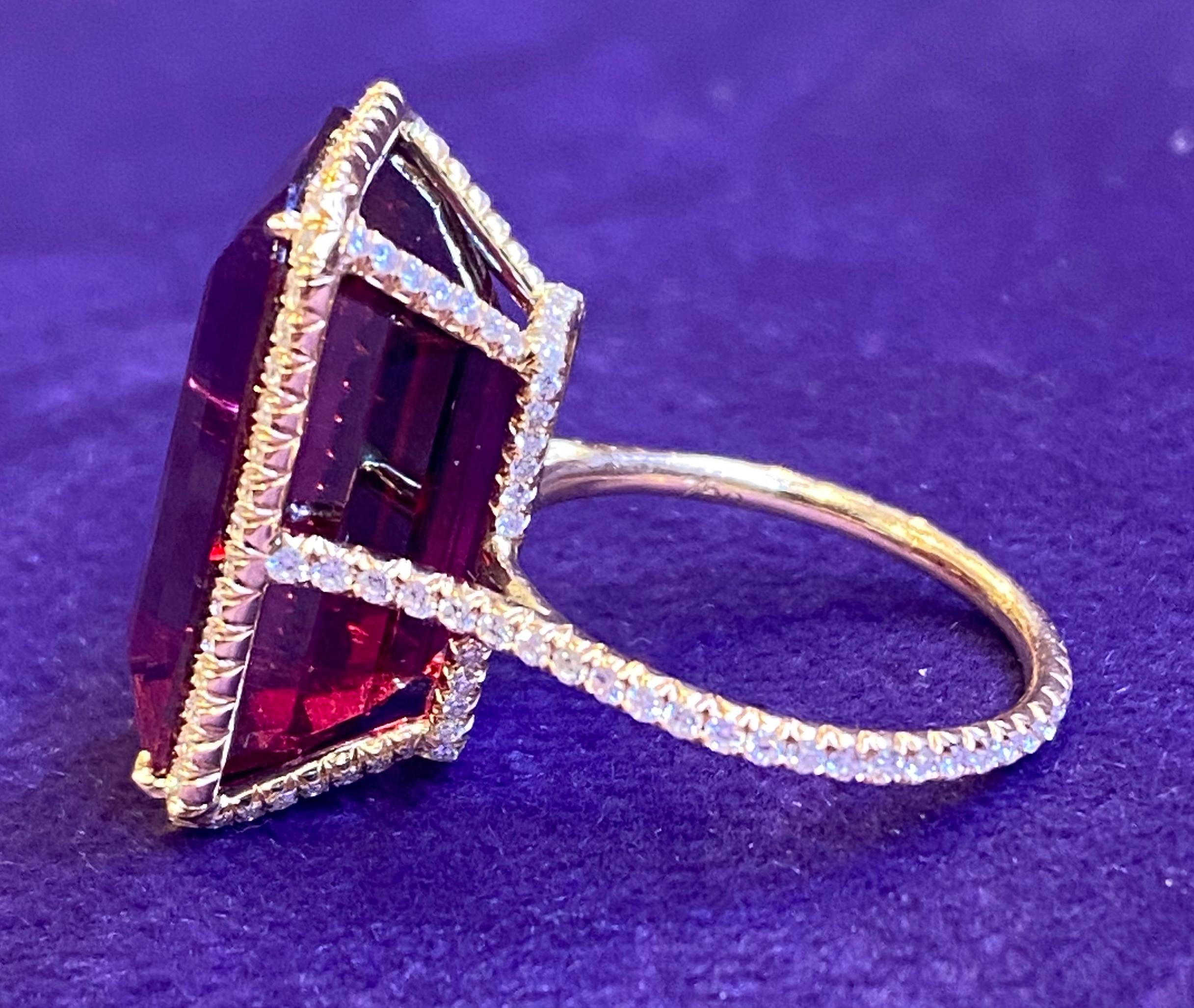 Emerald Cut 20 Carat Rubellite Tourmaline and Diamond Cocktail Ring For Sale