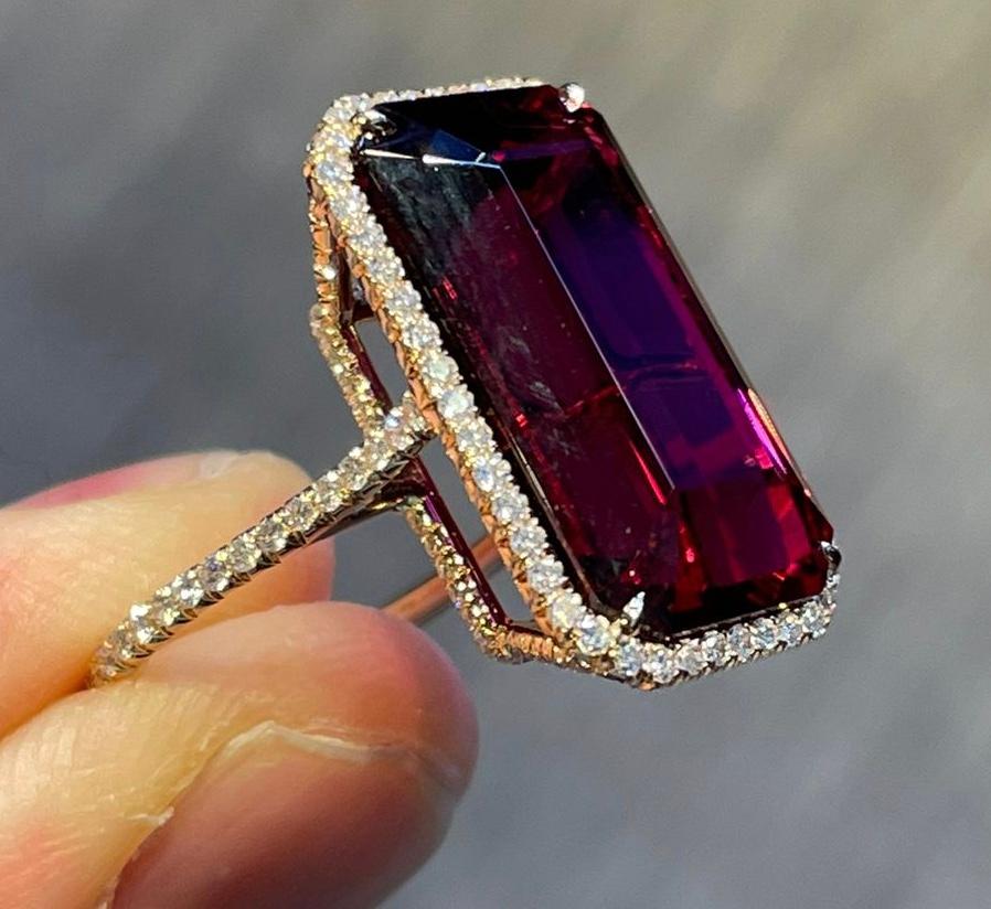 Women's 20 Carat Rubellite Tourmaline and Diamond Cocktail Ring For Sale