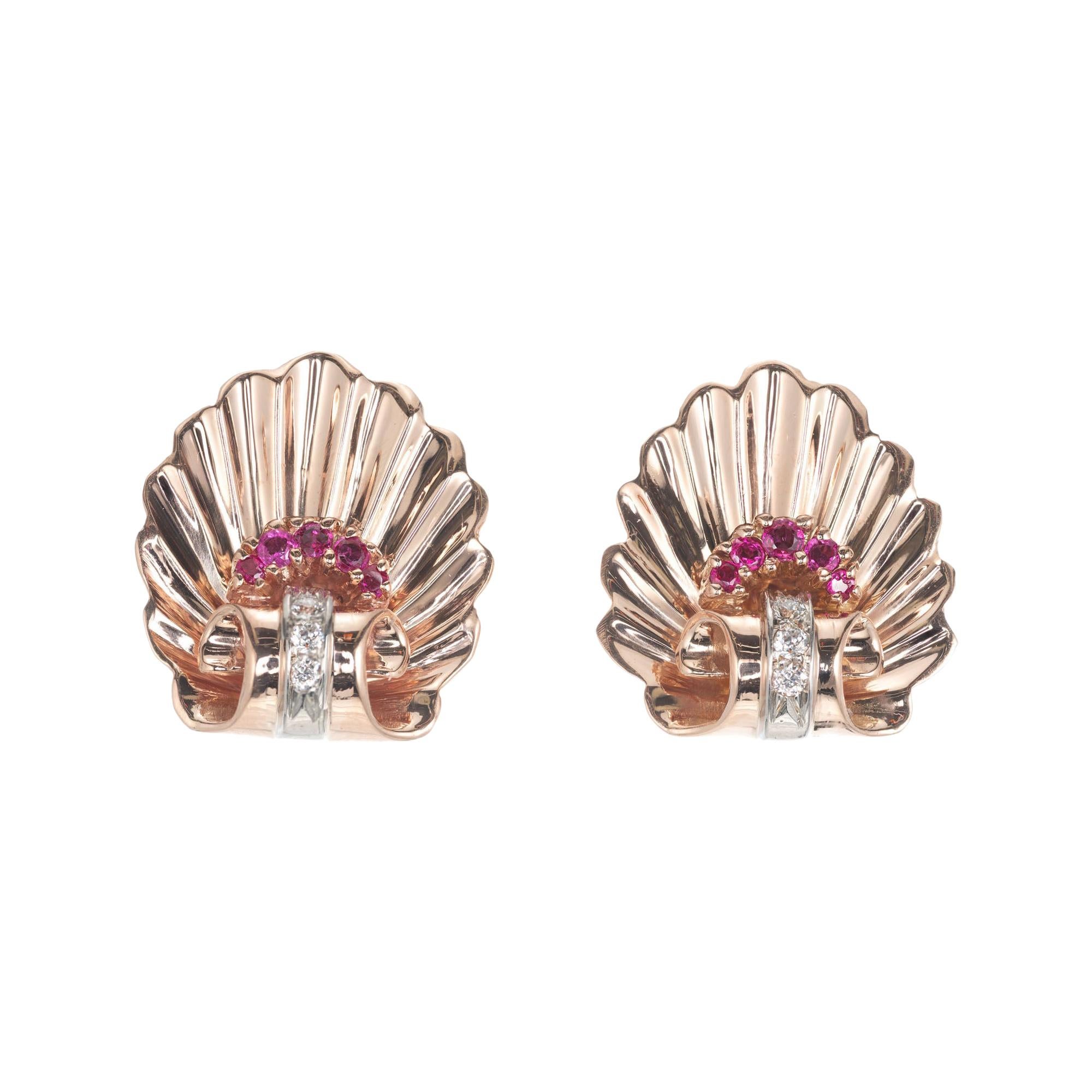 .20 Carat Ruby Diamond Rose White Gold Shell Earrings at 1stDibs