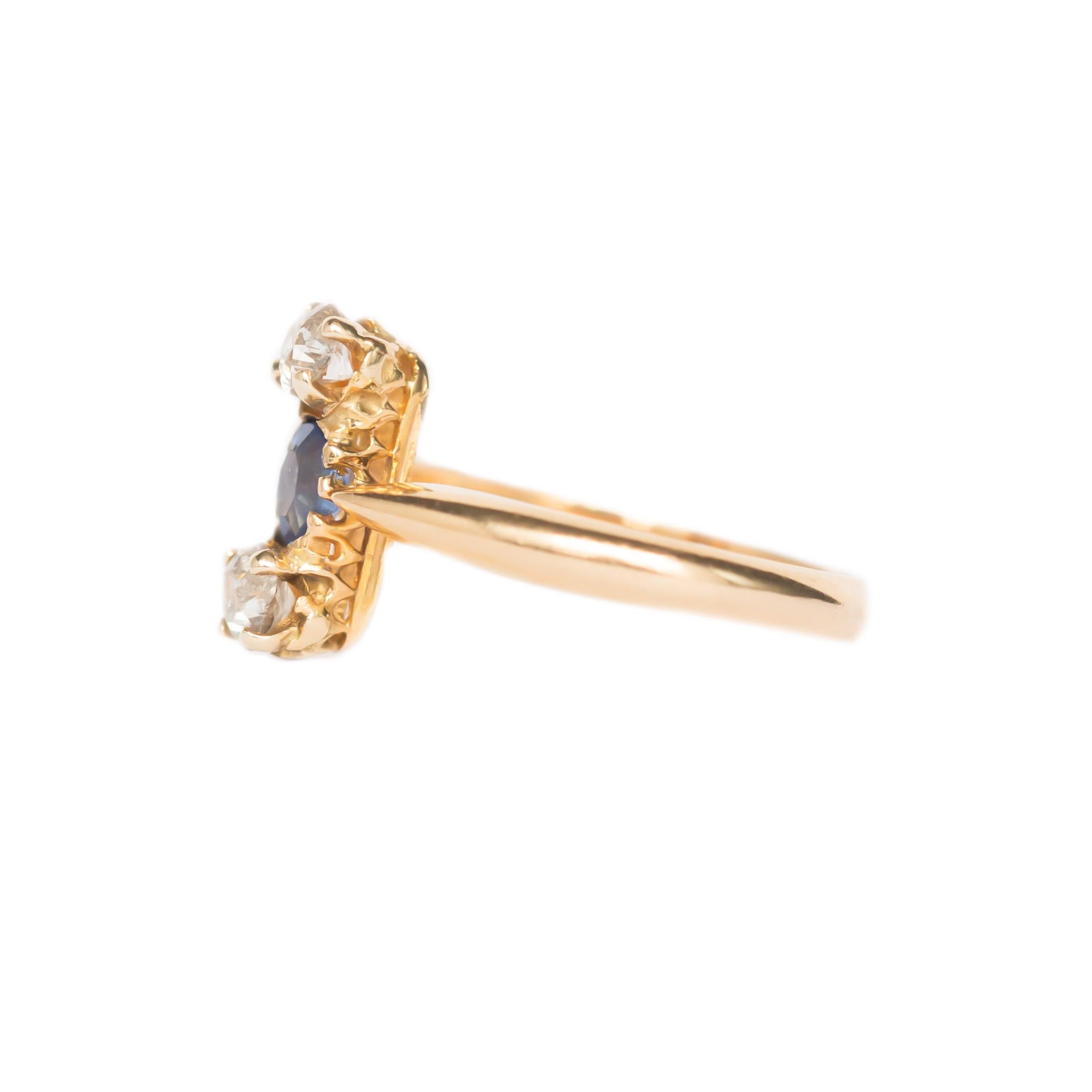 Ring Size: 4
Metal Type: 18 karat Yellow Gold
Weight: 2.0 grams

Diamond Details
Shape: Antique Cushion
Carat Weight: .25 carat, total weight
Color: J
Clarity: SI

Color Stone Details: 
Type: Sapphire (Unheated)
Shape: Antique Oval
Carat Weight: .20