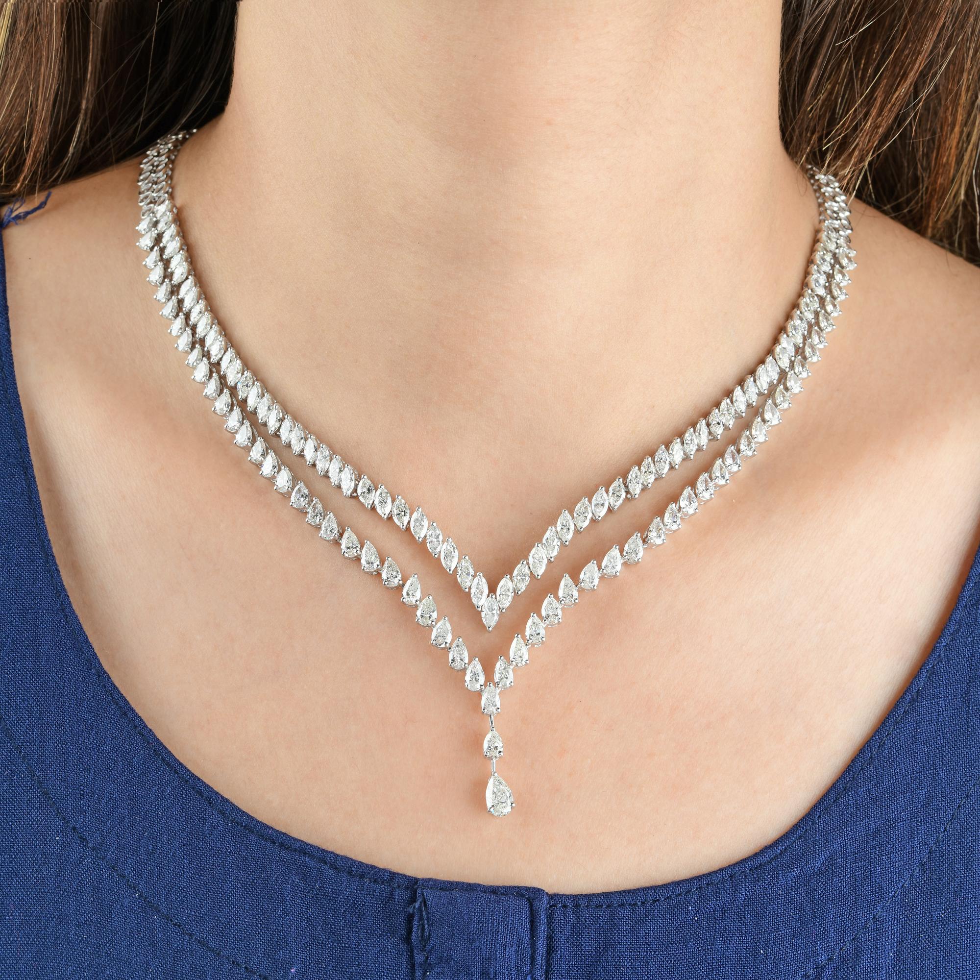 20 Carati SI Chiarezza HI Colore Collana di diamanti a pera marquise in oro bianco 14 carati
Questo pezzo mozzafiato è caratterizzato da diamanti di taglio misto senza soluzione di continuità, incastonati in una collana a più fili.
I diamanti sono