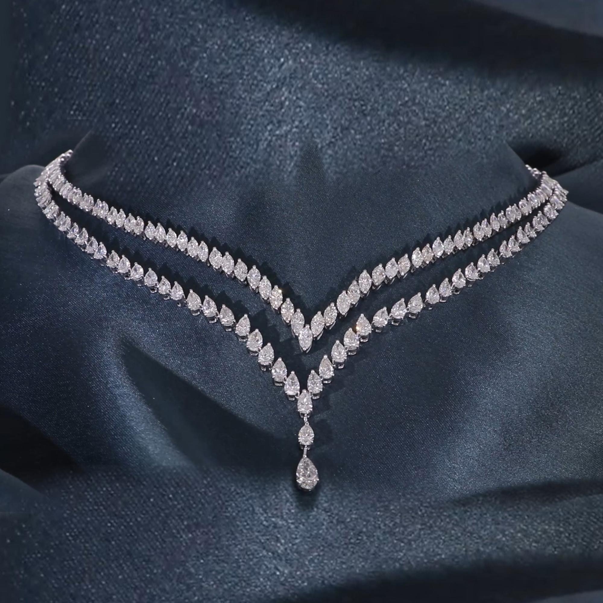 Pear Cut 20 Carat SI Clarity HI Color Marquise Pear Diamond Necklace 14 Karat White Gold For Sale