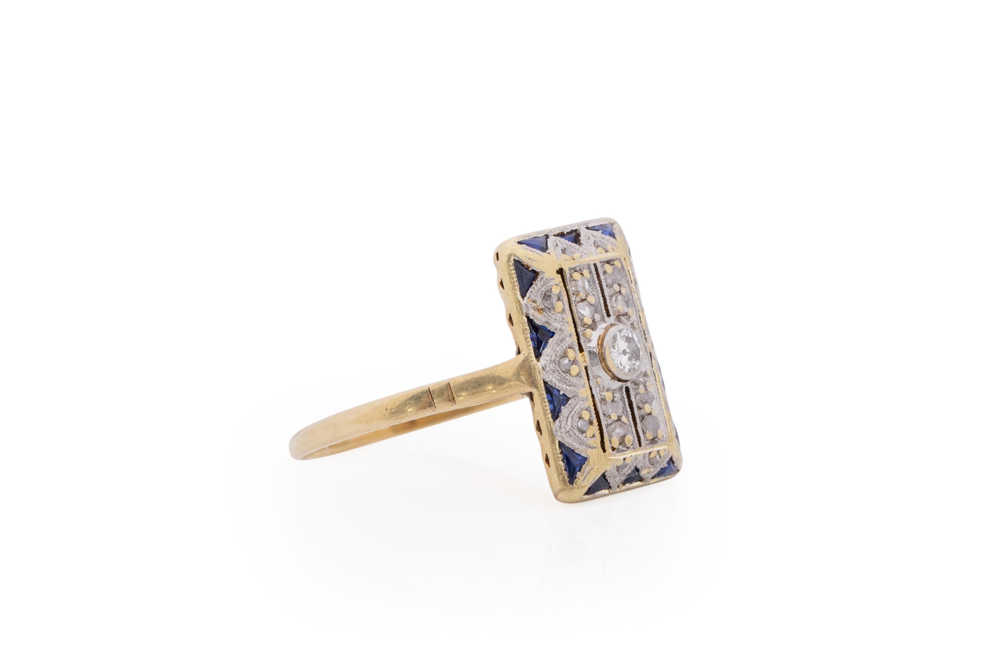 Item Details: 
Ring Size: 7.75
Metal Type: Platinum Top & 14 Karat Gold [Hallmarked, and Tested]
Weight: . grams

Diamond Details:
Weight: .20 carat total weight
Cut: Old European brilliant
Color: H
Clarity: VS

Side Stone Details:
Sapphire,