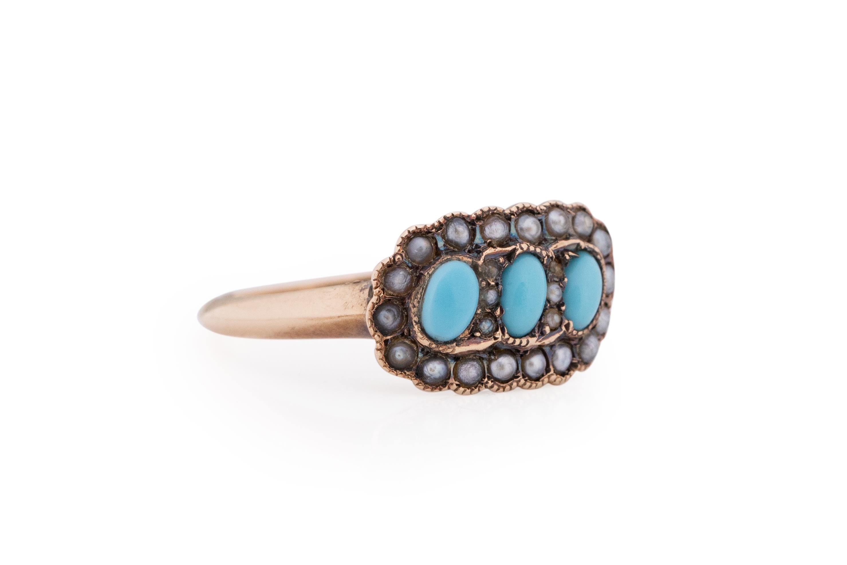 Ring Size: 6.5
Metal Type: 9 Karat Yellow Gold [Hallmarked, and Tested]
Weight: 2.5 grams

Center Stone Details:
Type: Turquoise
Weight: .20 carat, total weight
Cut: Oval Cabachon
Color: Light Blue

Side Stone Details:
Weight: .30 carat
Type: Seed