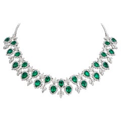 20 Carats 18k White Gold Emerald and Diamond Necklace with Pear-Shaped Emeralds