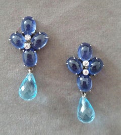 20 Carats Blue Sapphire Cabs Gold Diamonds Faceted Sky Blue Topaz Drops Earrings