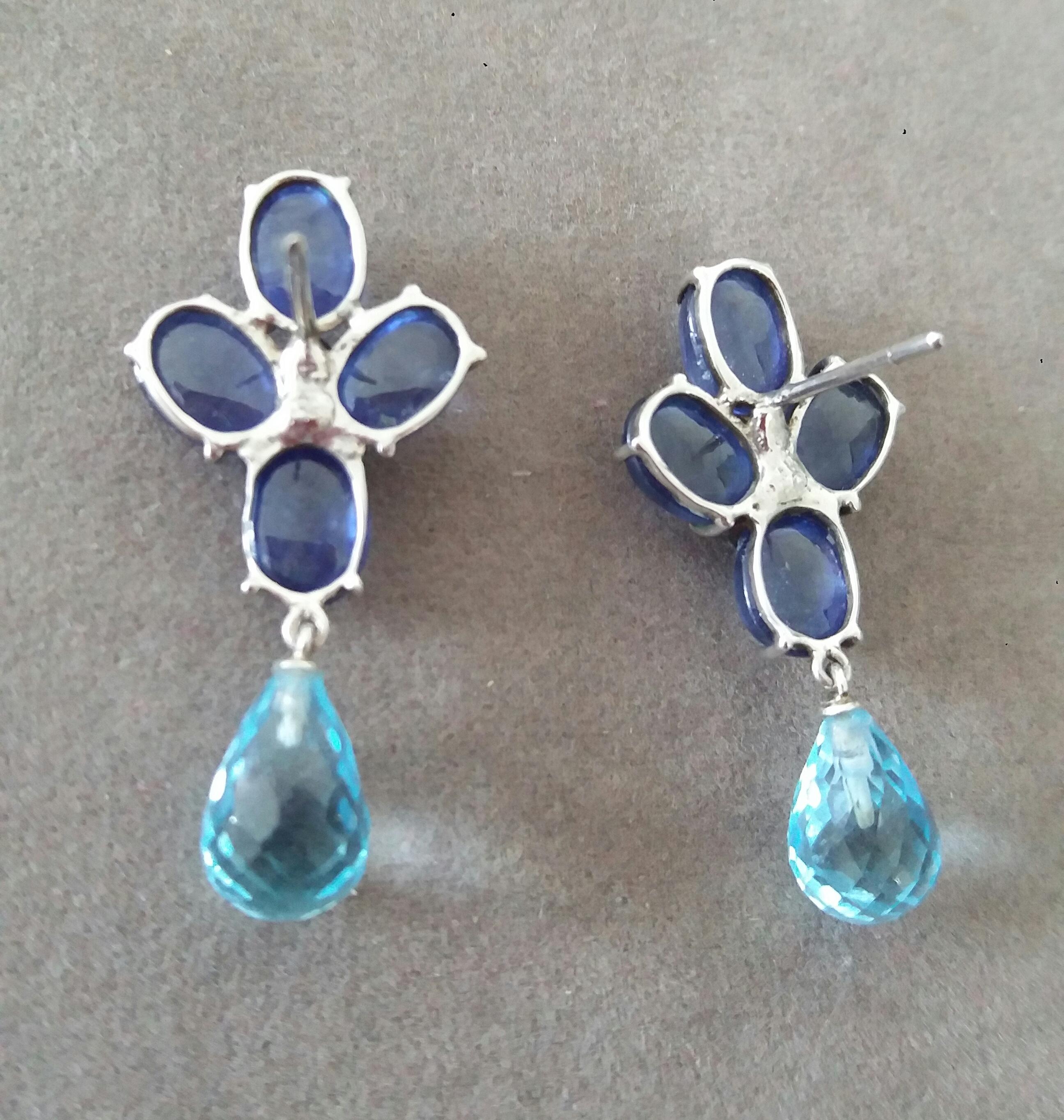 Mixed Cut 20 Carats Blue Sapphire Cabs Gold Diamonds Faceted Sky Blue Topaz Drops Earrings For Sale