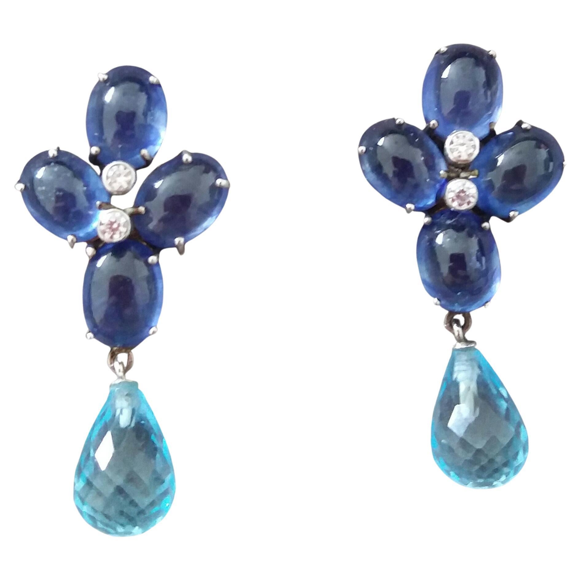 20 Carats Blue Sapphire Cabs Gold Diamonds Faceted Sky Blue Topaz Drops Earrings For Sale