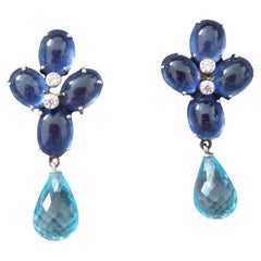 20 Carats Blue Sapphire Cabs Gold Diamonds Faceted Sky Blue Topaz Drops Earrings
