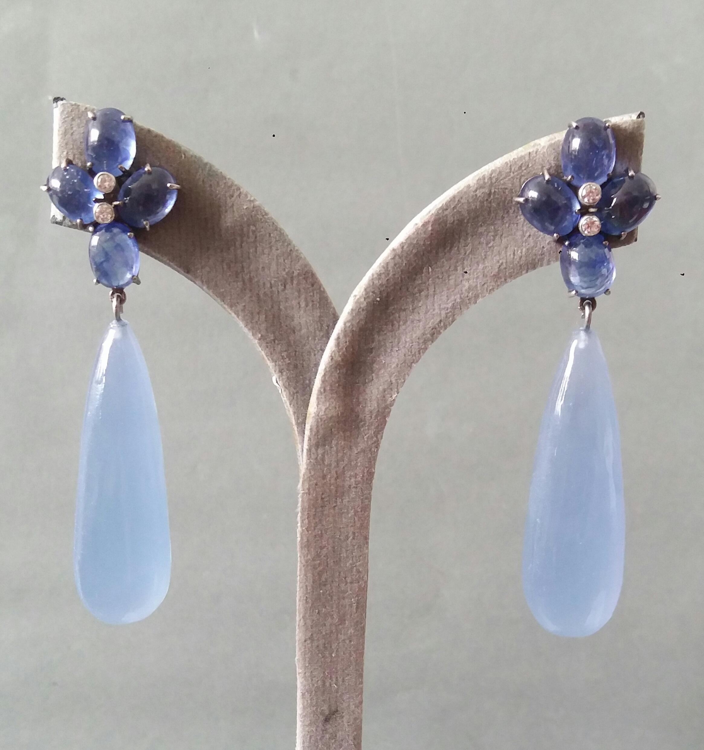 20 Carats Blue Sapphire Cabs Gold Diamonds Pear Shape Chalcedony Drops Earrings For Sale 4