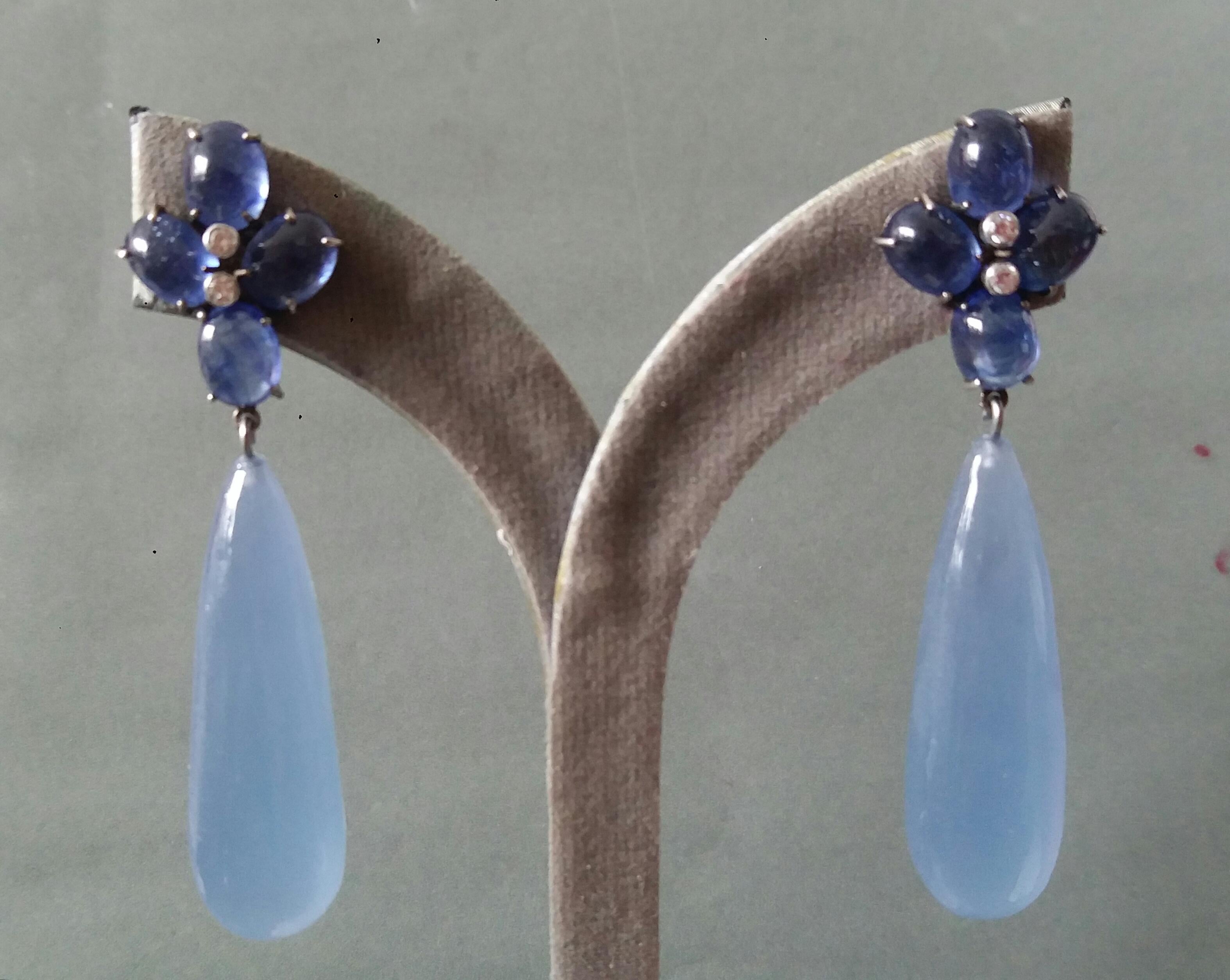 20 Carats Blue Sapphire Cabs Gold Diamonds Pear Shape Chalcedony Drops Earrings For Sale 5