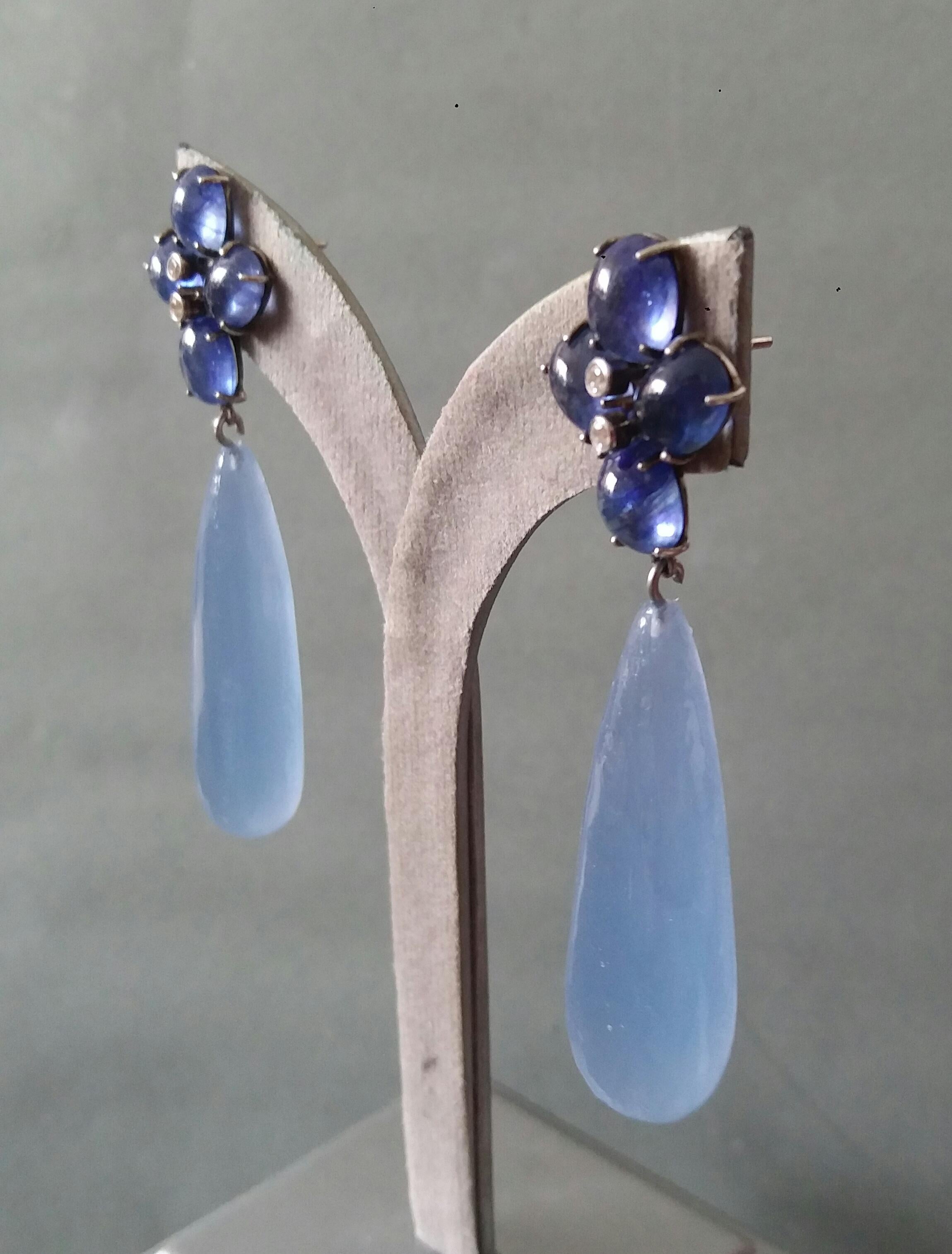 20 Carats Blue Sapphire Cabs Gold Diamonds Pear Shape Chalcedony Drops Earrings For Sale 6