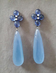 20 Carats Blue Sapphire Cabs Gold Diamonds Pear Shape Chalcedony Drops Earrings