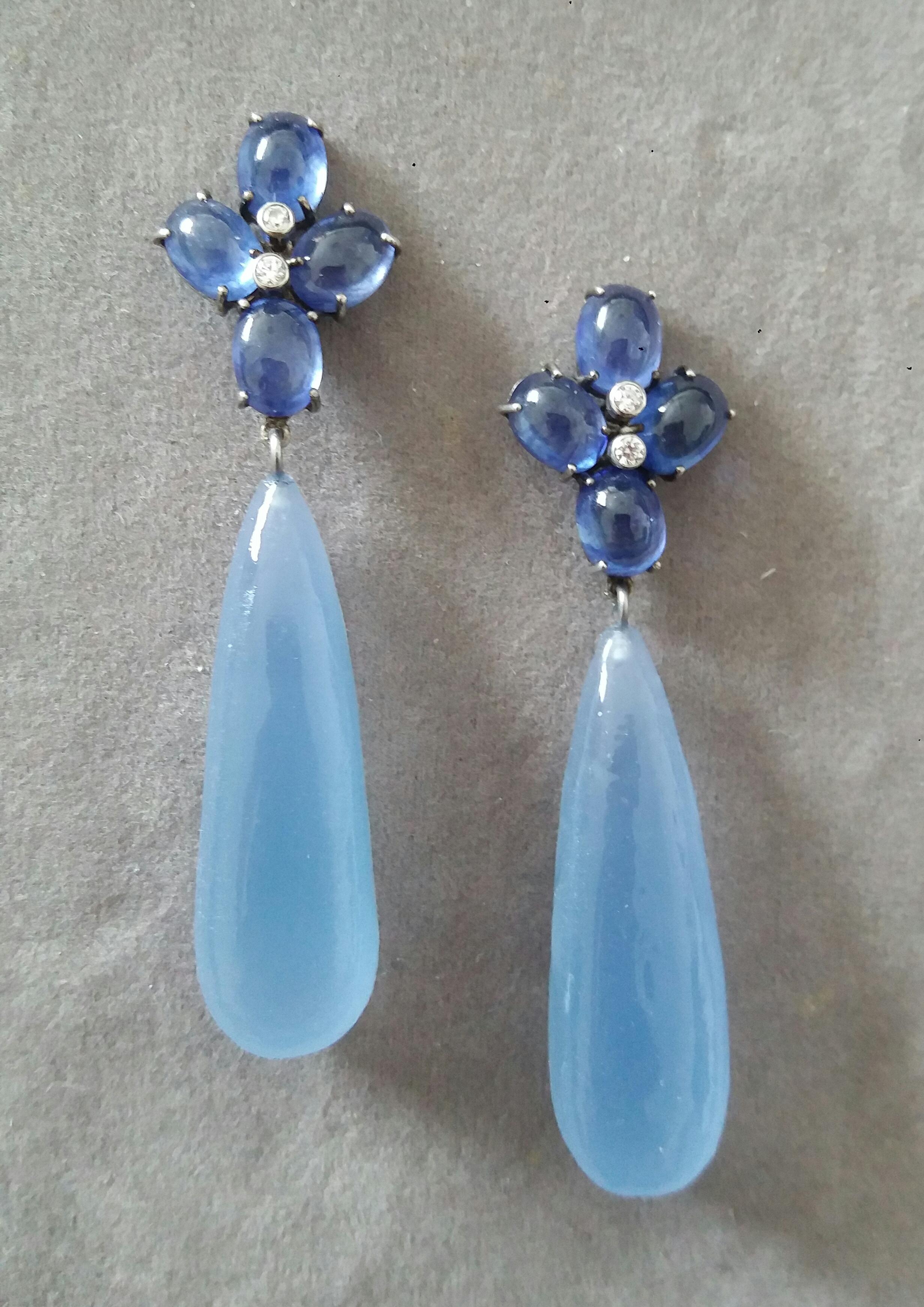 Artisan 20 Carats Blue Sapphire Cabs Gold Diamonds Pear Shape Chalcedony Drops Earrings For Sale