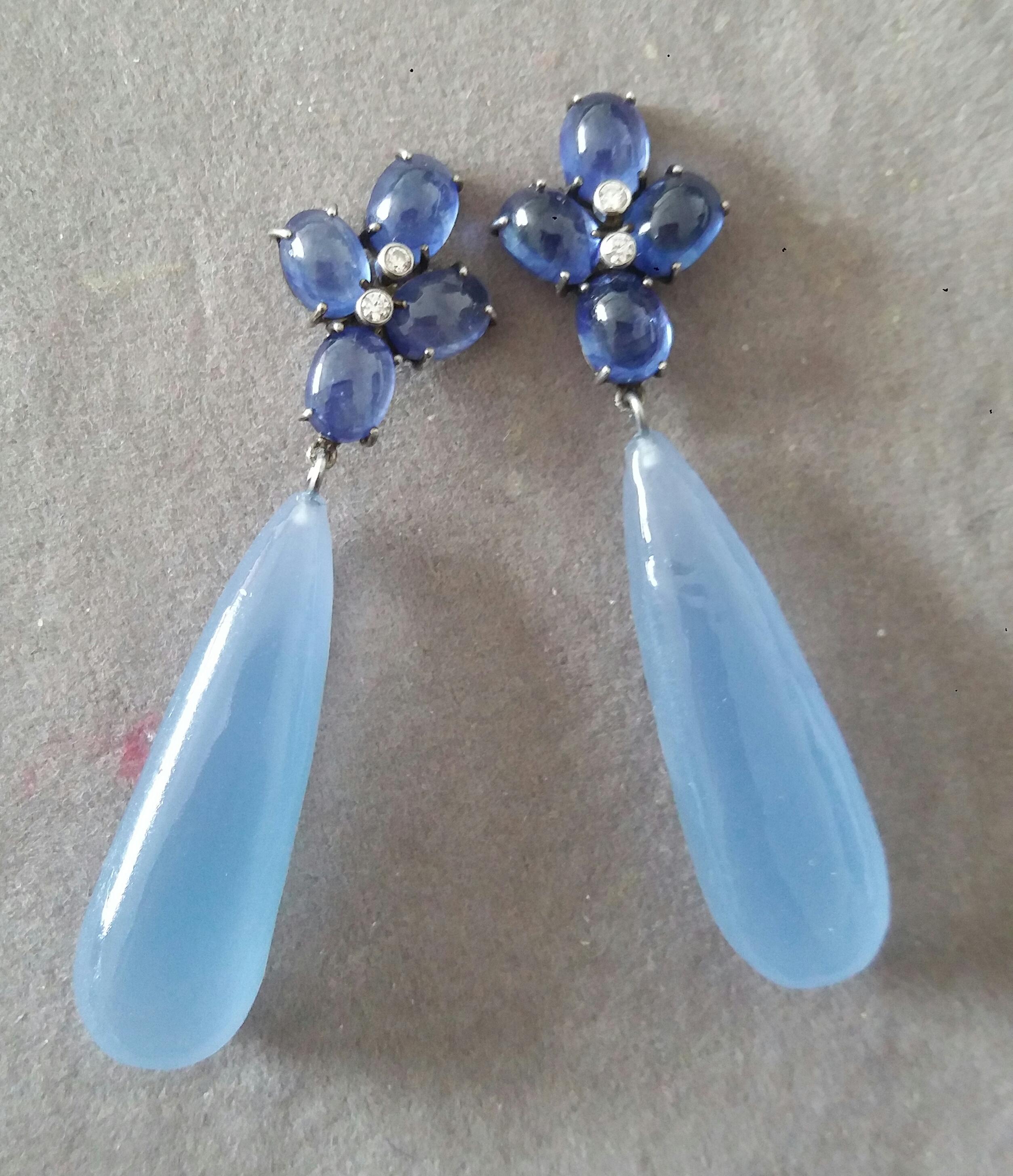 Mixed Cut 20 Carats Blue Sapphire Cabs Gold Diamonds Pear Shape Chalcedony Drops Earrings For Sale