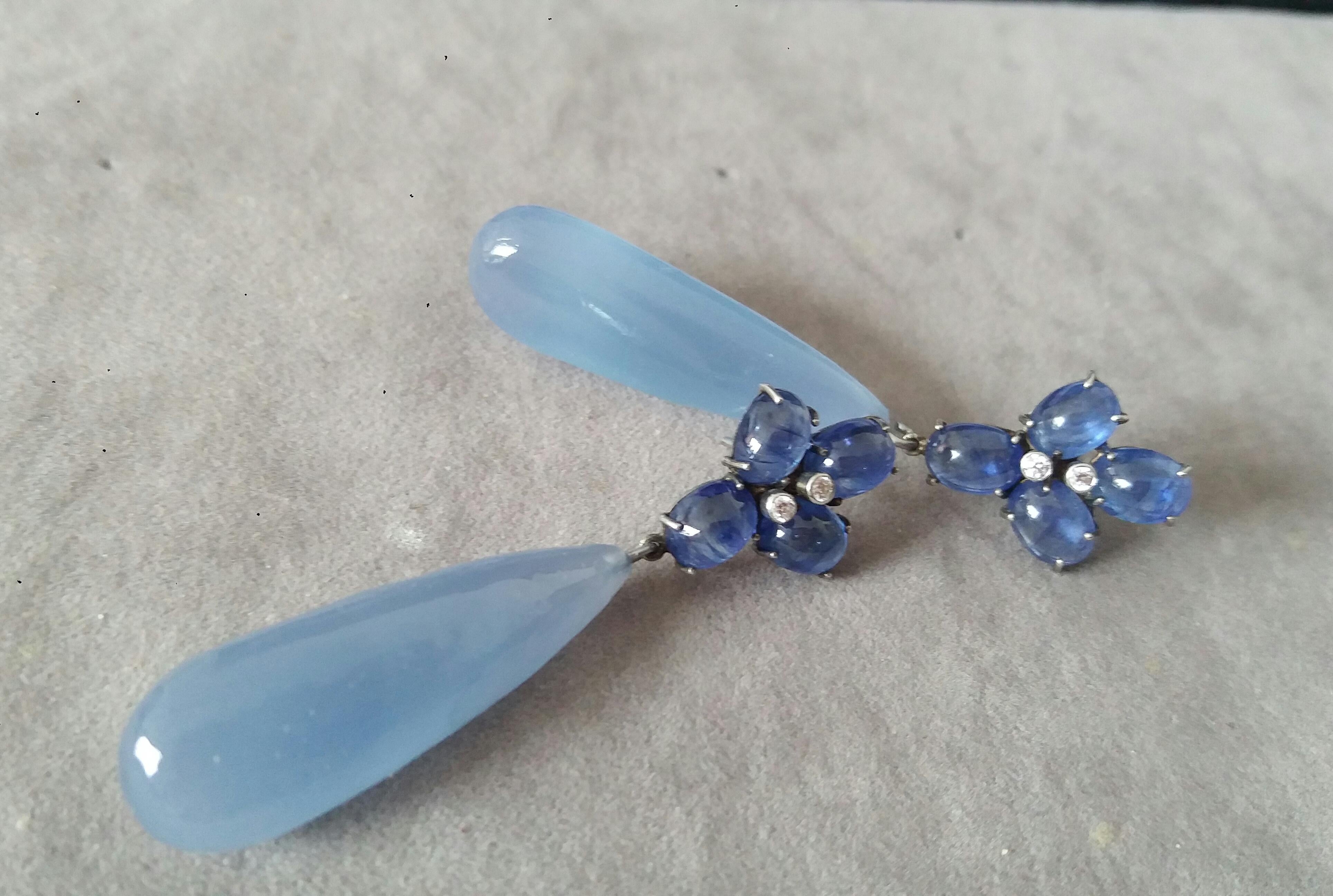Women's 20 Carats Blue Sapphire Cabs Gold Diamonds Pear Shape Chalcedony Drops Earrings For Sale