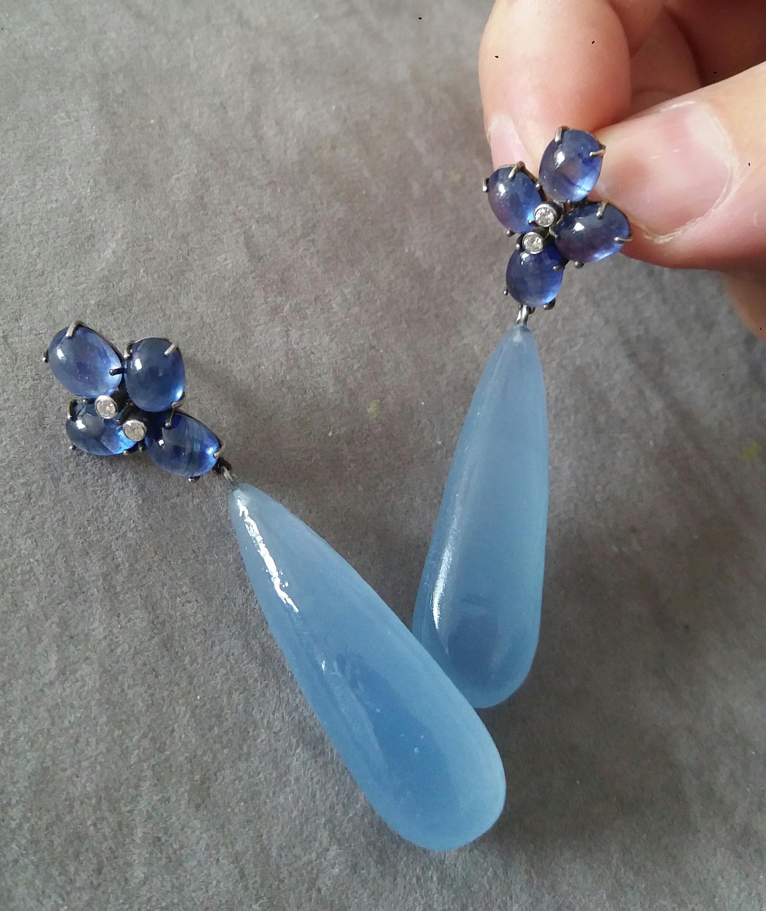 20 Carats Blue Sapphire Cabs Gold Diamonds Pear Shape Chalcedony Drops Earrings For Sale 1