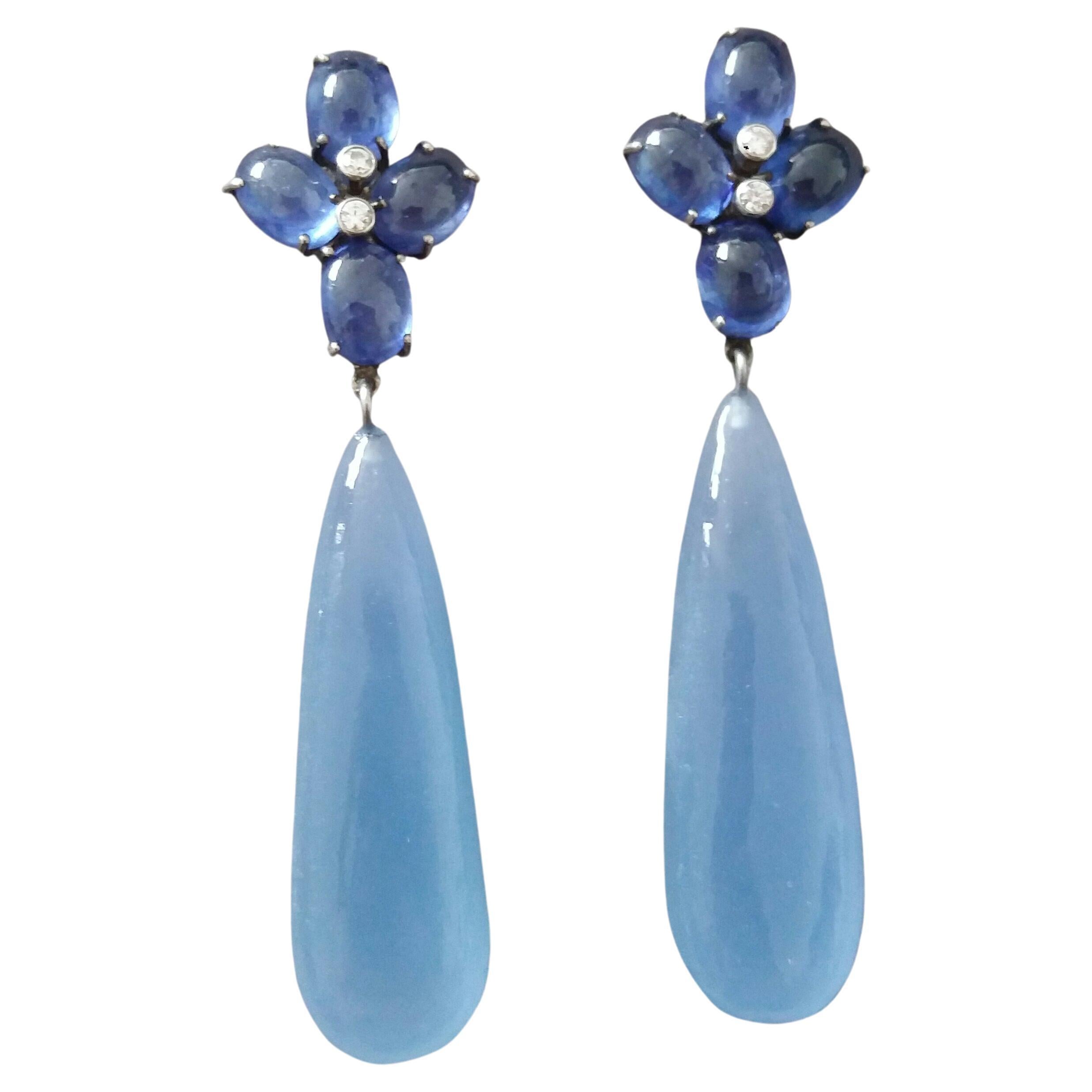 20 Carats Blue Sapphire Cabs Gold Diamonds Pear Shape Chalcedony Drops Earrings For Sale