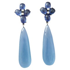 20 Carats Blue Sapphire Cabs Gold Diamonds Pear Shape Chalcedony Drops Earrings