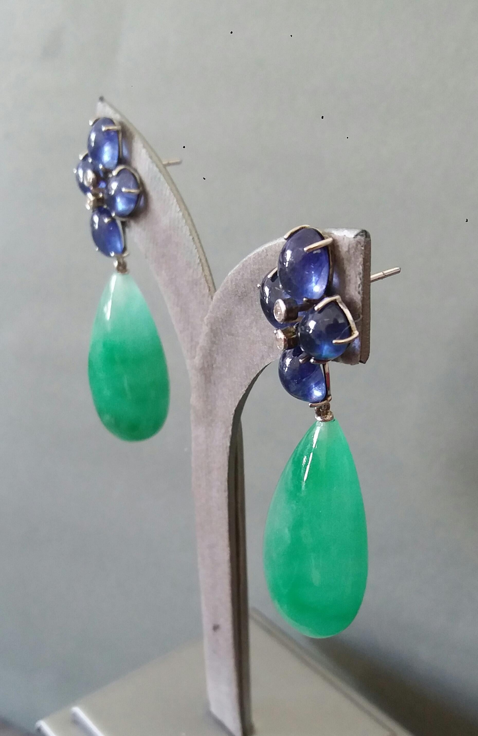 20 Carats Blue Sapphire Oval Cabs Gold Diamonds Pear Shape Jade Drops Earrings For Sale 4